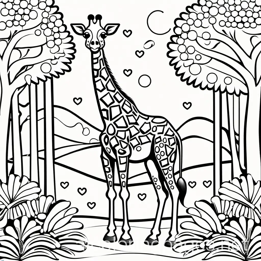 happy giraffe  in the zoo, Coloring Page, black and white, line art, white background, Simplicity, Ample White Space. The background of the coloring page is plain white to make it easy for young children to color within the lines. The outlines of all the subjects are easy to distinguish, making it simple for kids to color without too much difficulty