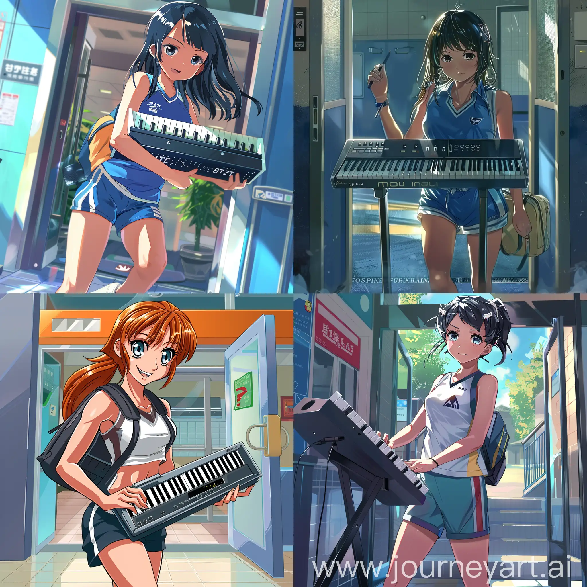 Fashionable screensaver for Youtube video with a girl in a sports uniform in the entrance holding a keyboard