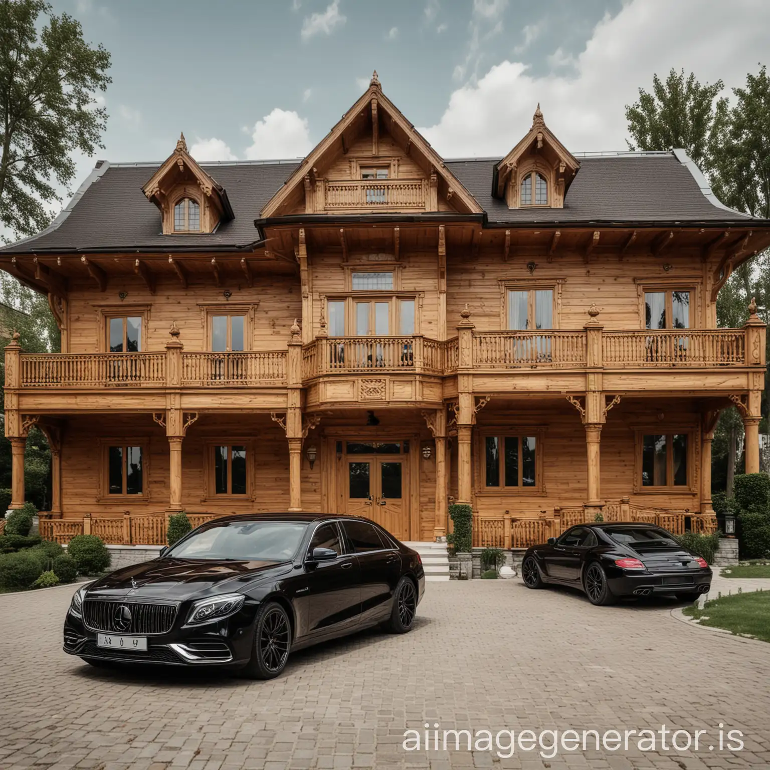 A big wooden house , luxury ,car , guards