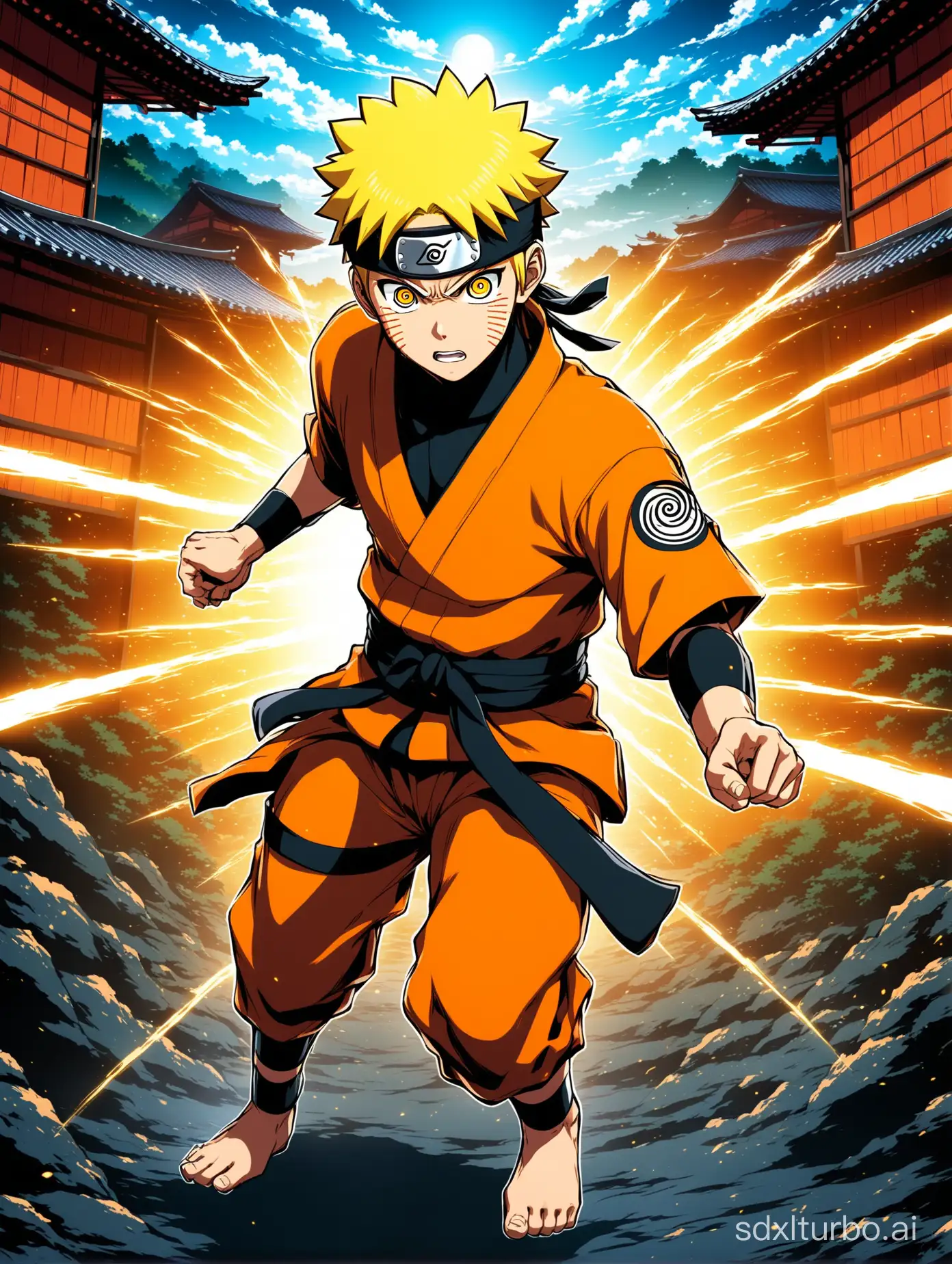 Naruto Uzumaki, young ninja with orange clothing and yellow bodysuit, blue forehead protector, ninja village or combat scene background, anime style with vitality and spirit of adventure, digital art or animation, dynamic combat lighting for vitality and determination, high contrast colors, ninja emblems on the costume, expressive facial features. 