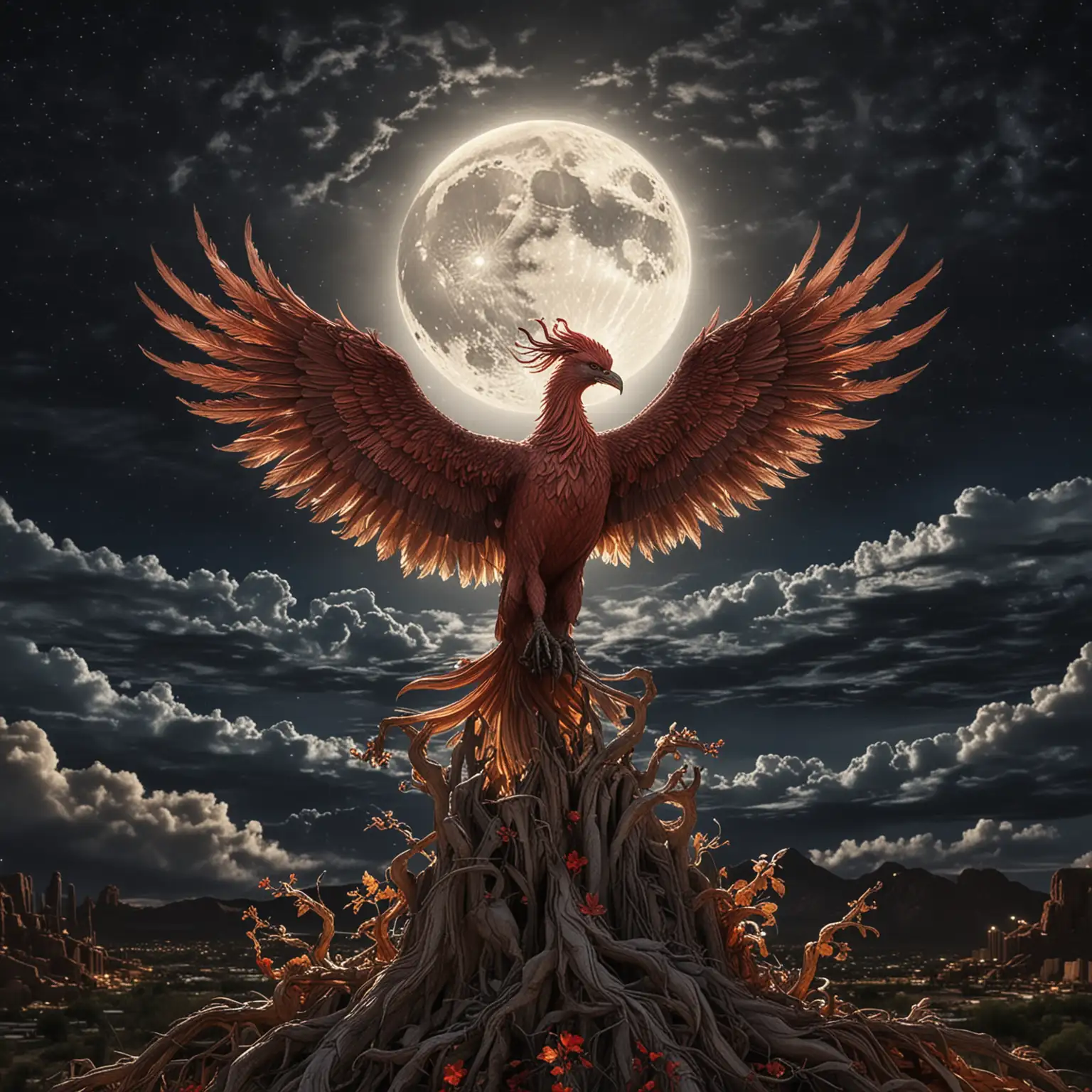 phoenix rising under a full moon