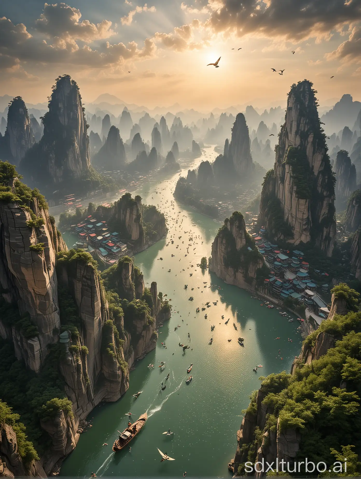 Modern-Chinese-Cityscape-with-Flying-People-and-Scenic-Mountains
