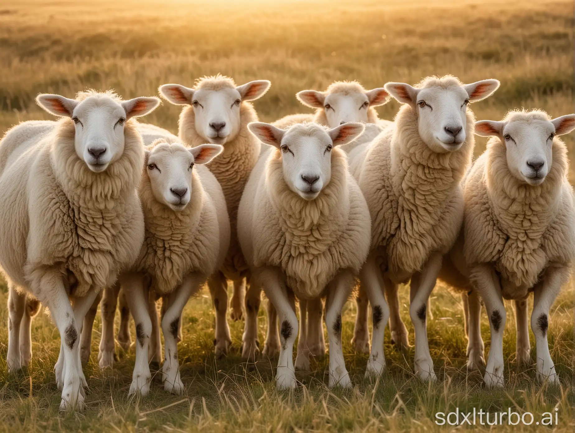 The image shows a close-up of a group of eight sheep in a grassy field during golden hour, with the soft, warm light of the sun illuminating their faces and wool. The eight sheep come in a variety of colors, including white and brown, with distinctive black faces and ears on some. They are directly facing the camera, providing a symmetrical and captivating composition. The background features a dry location with rolling dunes with a play of light and shadow, creating a sense of depth and a peaceful atmosphere. The overall atmosphere is calm and idyllic, highlighting the natural beauty of the animals in their environment