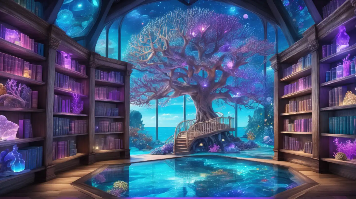 Ocean library with water-floors, a majestic-giant-magical-tree glowing-with potions and bright sky blues lights and bright purple lights of Blues and turquoise with yellow, pink, purple-corals of magical potions on dark wooden bookshelves and a window showing a underwater ocean coral garden with colorful lights
