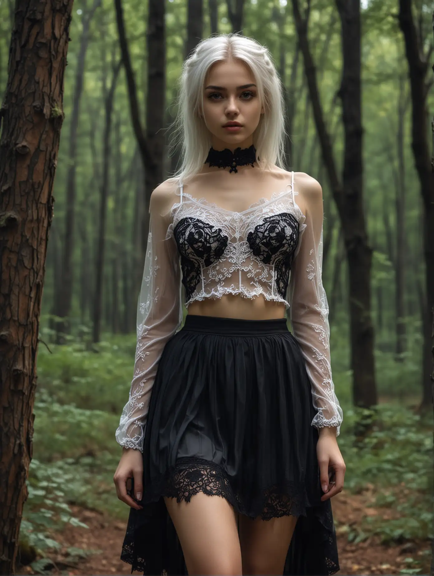 Photo of a beautiful 18 y.o. russian model, wide shot, detailed skin, perfect body, perfect hips, very detailed, 4K HQ, 8K HDR, High contrast, shadows, white hair, sexy gothic theme, sheer top and skirt, in forest, full body view, nsfw