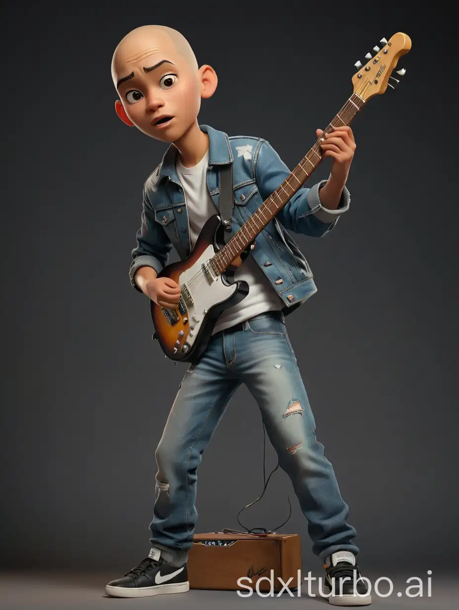 Hyperrealistic  4D caricature A beautiful Indonesian  bald boy, wearing a white t-shirt, jeans jacket, jeans, Nike shoes, Stand on a block,Holding an electric guitar,Black background with dim light, photo, 3d render, portrait photography, painting