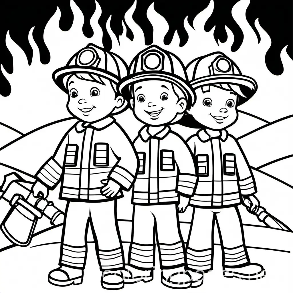 Kids being firefighters, Coloring Page, black and white, line art, white background, Simplicity, Ample White Space. The background of the coloring page is plain white to make it easy for young children to color within the lines. The outlines of all the subjects are easy to distinguish, making it simple for kids to color without too much difficulty