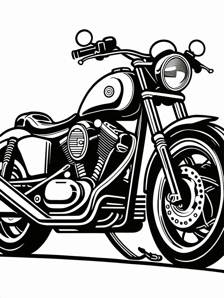 Dynamic sketch of an imposing motorcycle, awaiting vivid colors to enhance its fierce appearance. Emphasize the bold contrast between matte black and chrome elements, ensuring the essence of power and aggression is captured in the final colored rendition, Coloring Page, black and white, line art, white background, Simplicity, Ample White Space. The background of the coloring page is plain white to make it easy for young children to color within the lines. The outlines of all the subjects are easy to distinguish, making it simple for kids to color without too much difficulty, Coloring Page, black and white, line art, white background, Simplicity, Ample White Space. The background of the coloring page is plain white to make it easy for young children to color within the lines. The outlines of all the subjects are easy to distinguish, making it simple for kids to color without too much difficulty