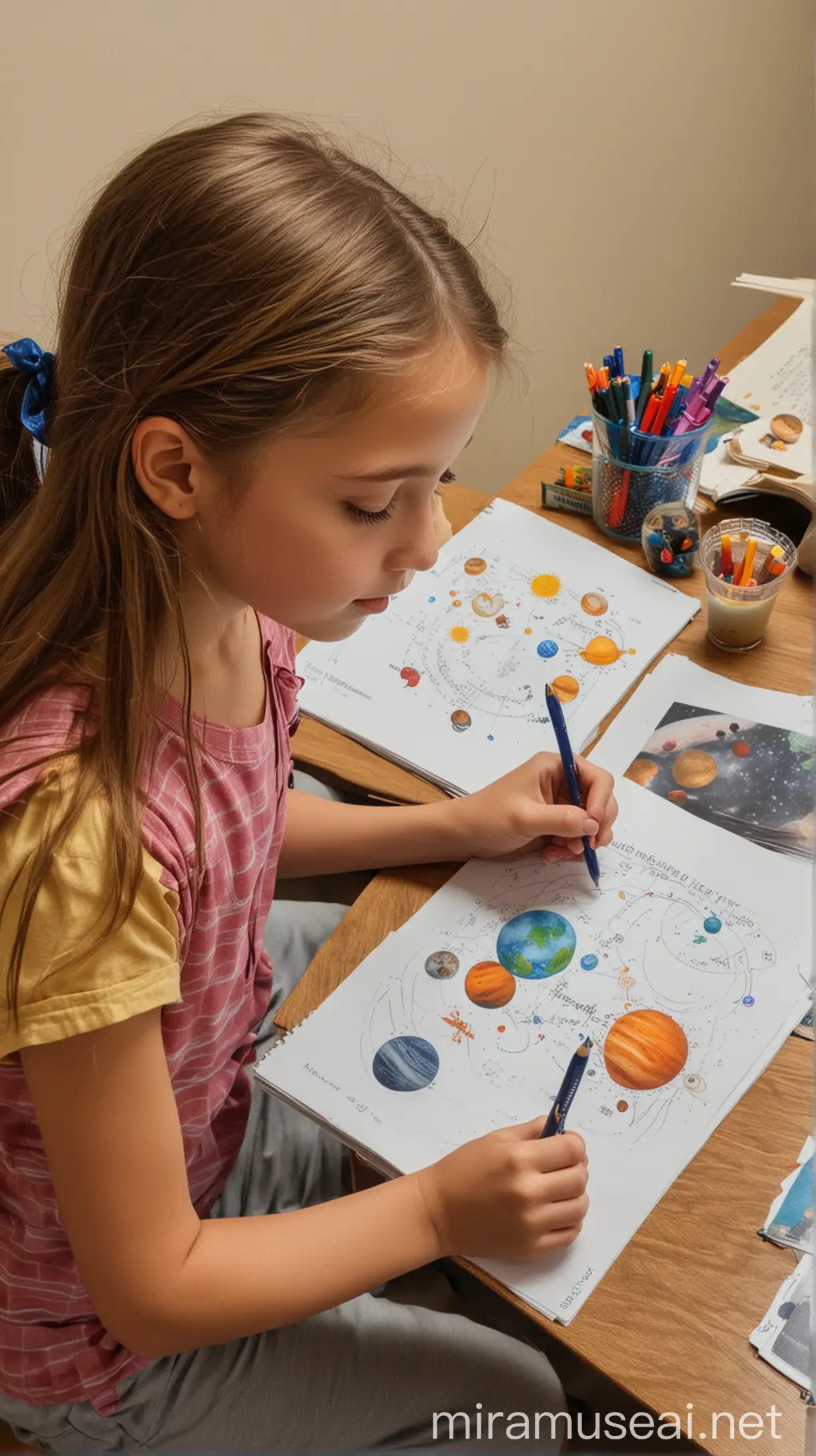 An elementary school student doing homework. She is drawing. There is a picture book of the planets in our solar system.