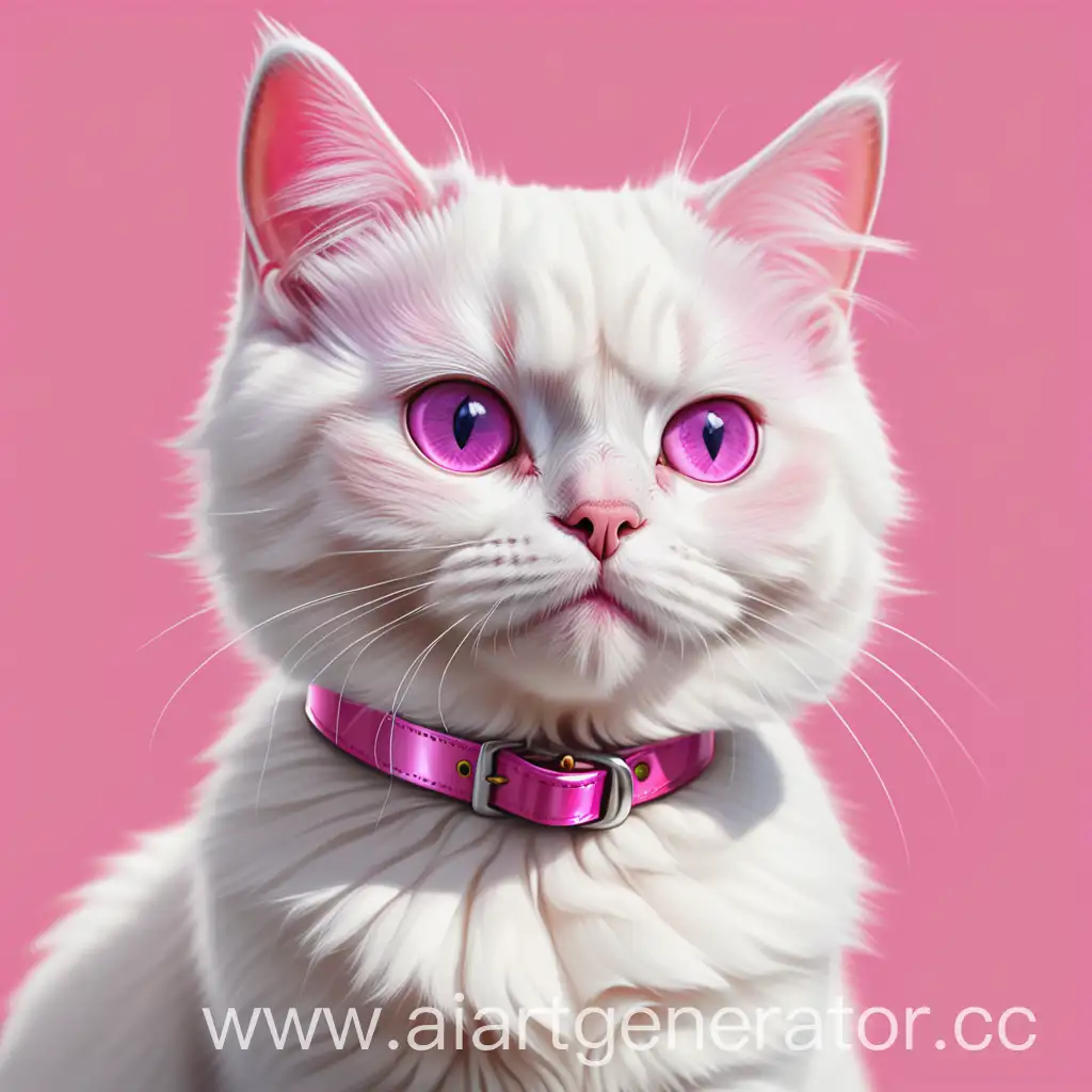 A British white cute cat. With a pink shiny collar. Realism