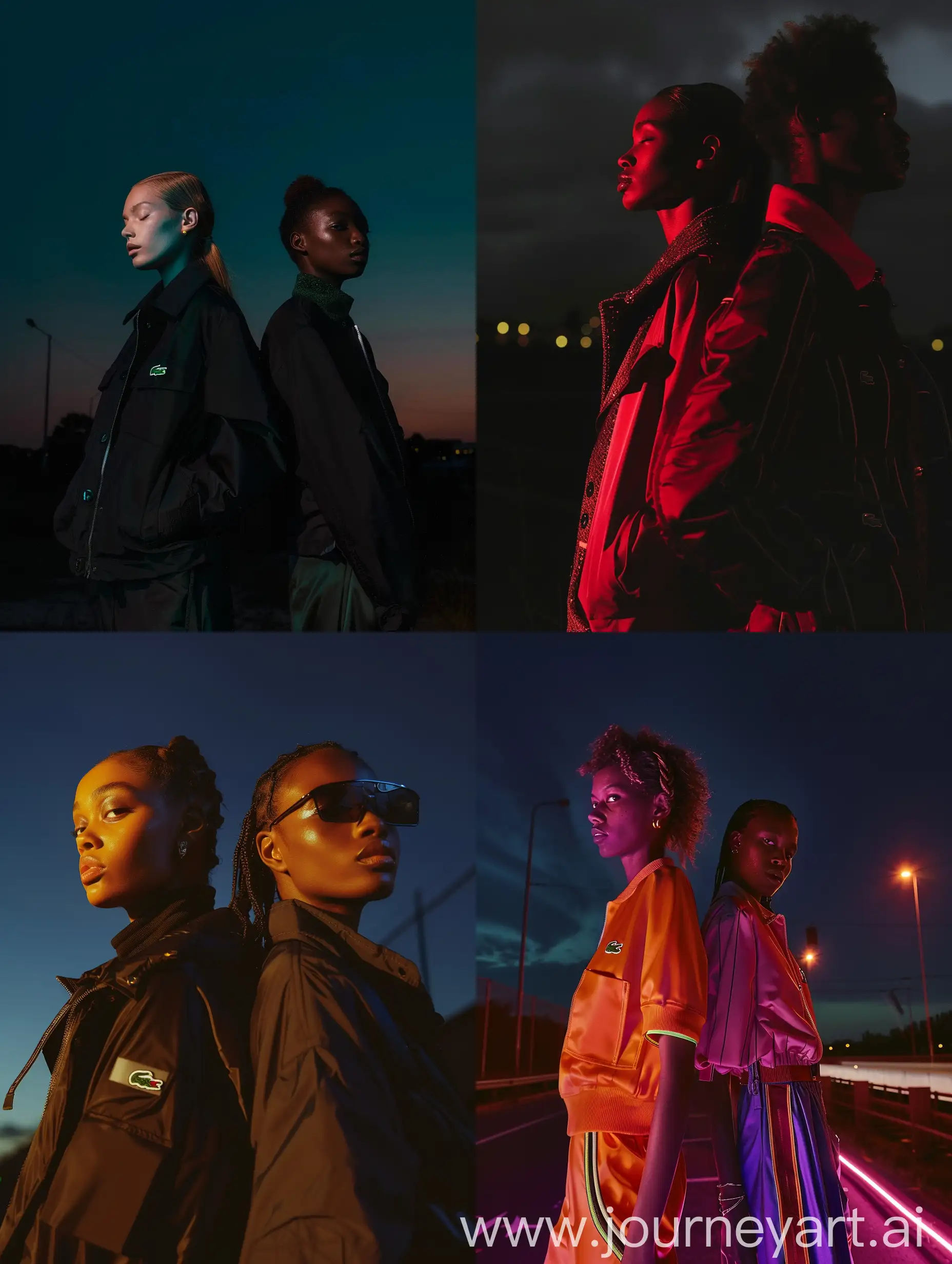 side view of a duo models in lacoste Style fashion editorial, cinematic lut, exudes confidence, blending Lacoste fashion with the unique atmosphere of the dark night, cinematic