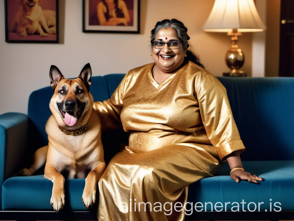 a fat mature indian lady having age 46 with makeup, with thick hair with French braid hairstyle and wearing a spectacles on face, wearing a golden night wear , sitting on a sofa, she is happy and smiling . a big dog is sitting near her in a house.