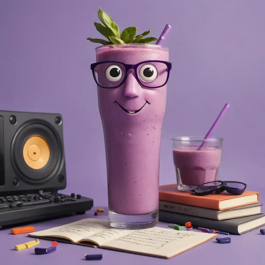 Smart purple smoothie with glasses that loves music and playing quiz surrounded with videotapes 

