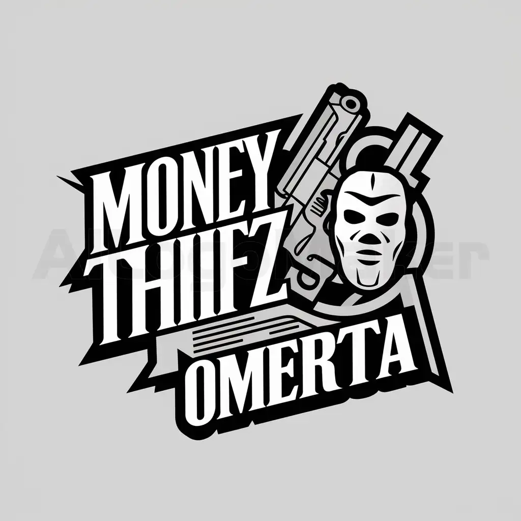 a logo design,with the text "money thiefz omerta", main symbol:gun robber ski mask money,complex,clear background