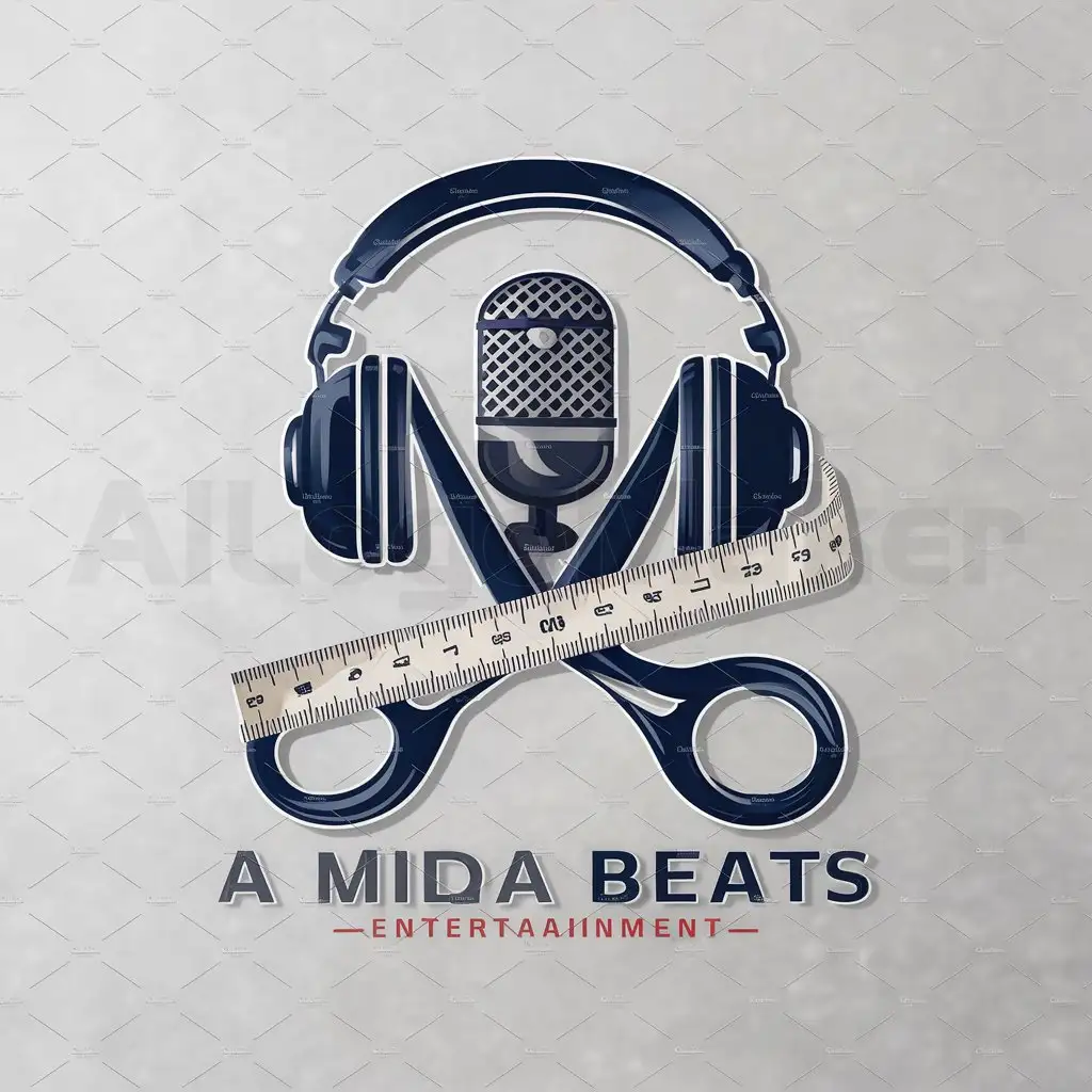 a logo design,with the text "A Mida Beats", main symbol:scissors, microphone, headphones, tailor's tape measure, musical symbols (rhythmic figures....),complex,be used in Entertainment industry,clear background