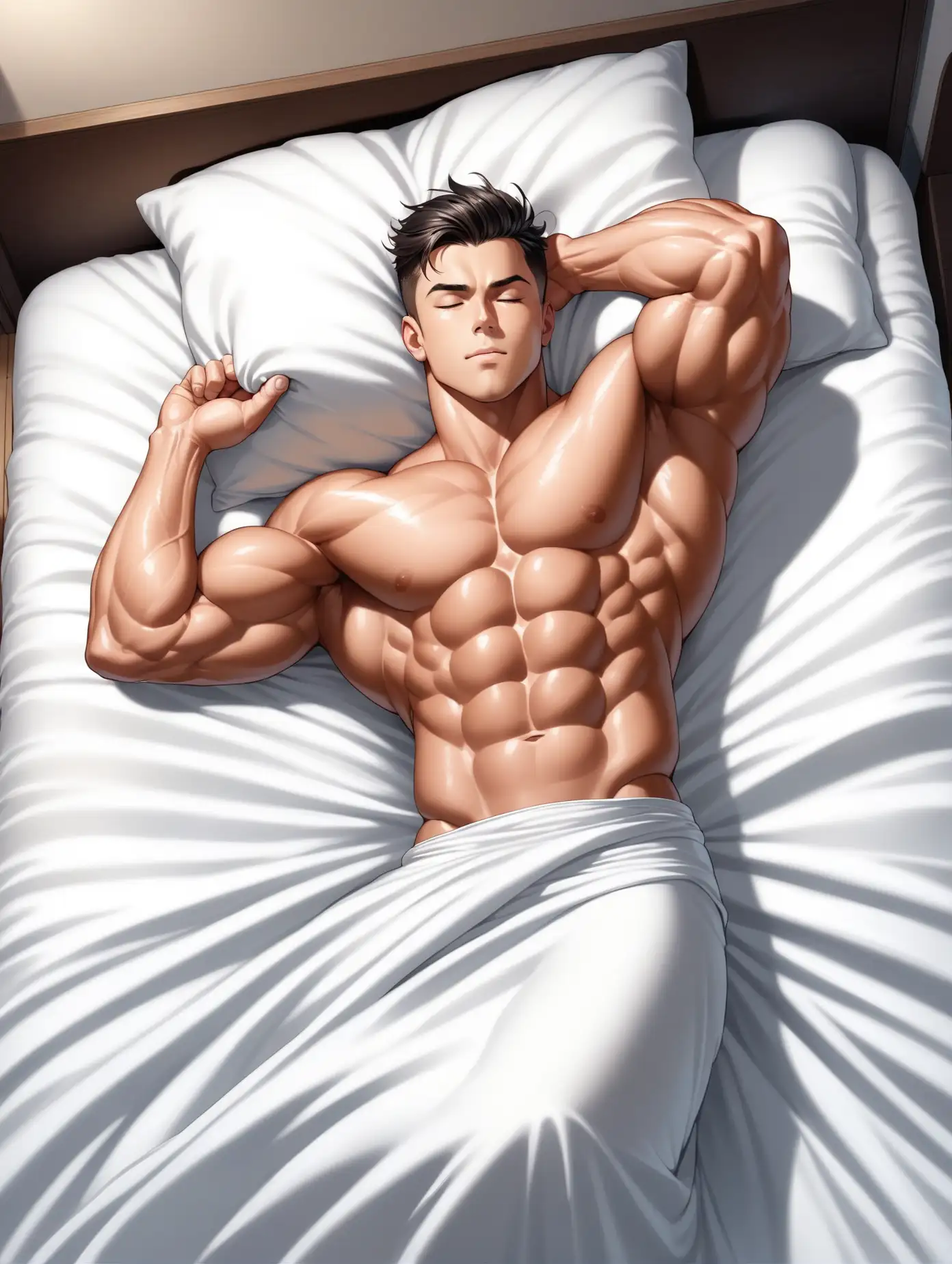 muscle male sleep, Broad shoulders, strong muscles, white thin blanket, ceiling view,  muscle bulge, Lying down, whole body, black crew hair style
