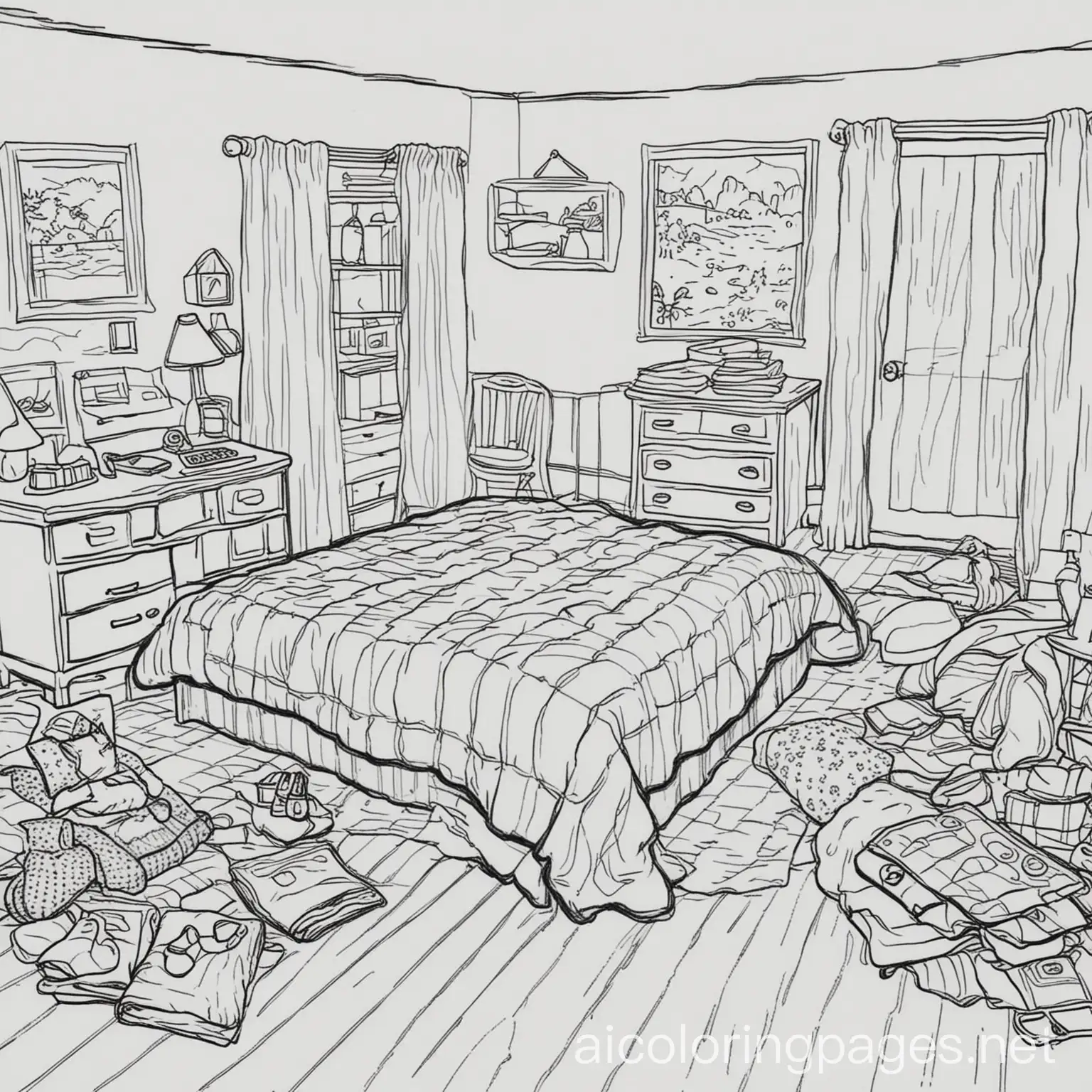 Messy-Bedroom-Coloring-Page-Clothes-on-the-Floor-in-Black-and-White