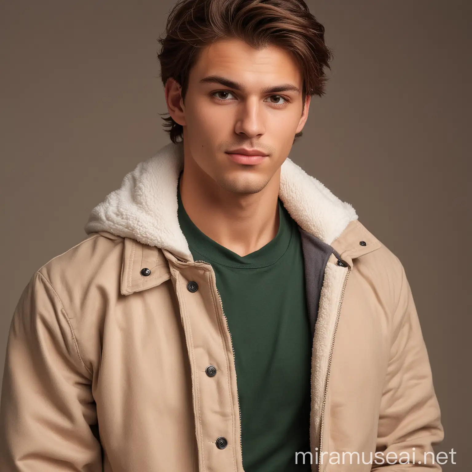 Stylish Mid20s Man in Light Varsity Jacket with Toned Physique