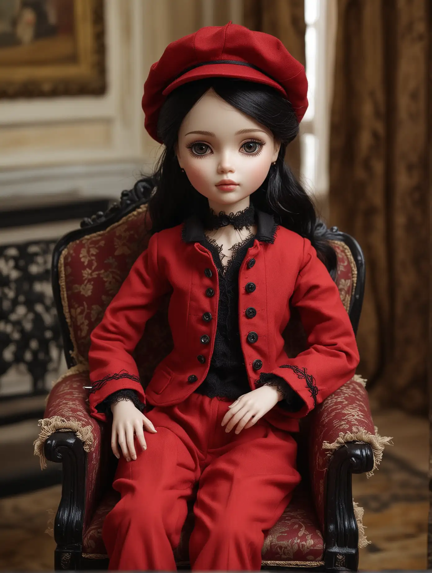 Beautiful female doll, white skin, shoulder length black hair, red hat. fink jacket, red trousers, black shoes, relaxing on a palace chair