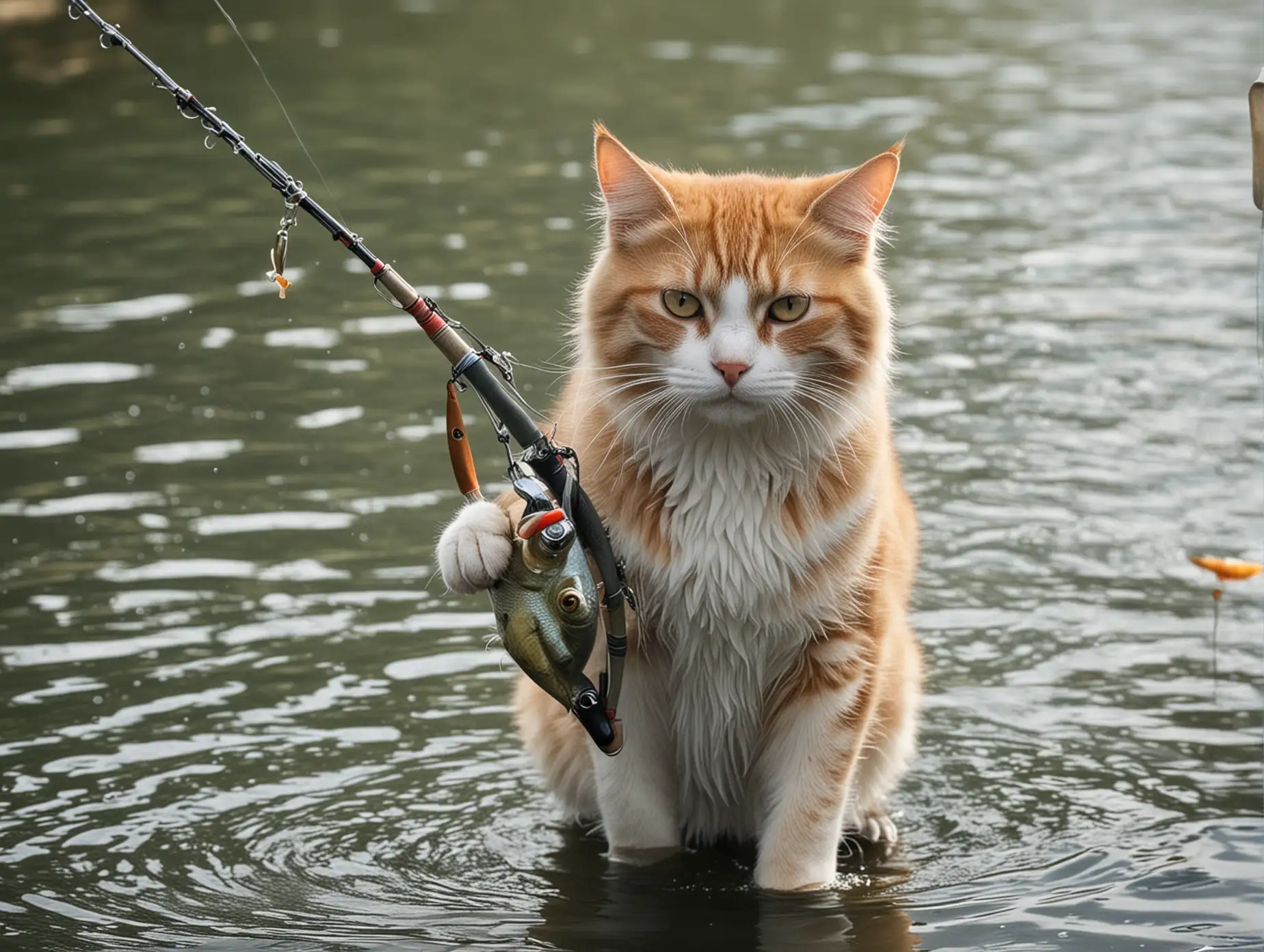 Playful Cat Fishing by the Lake