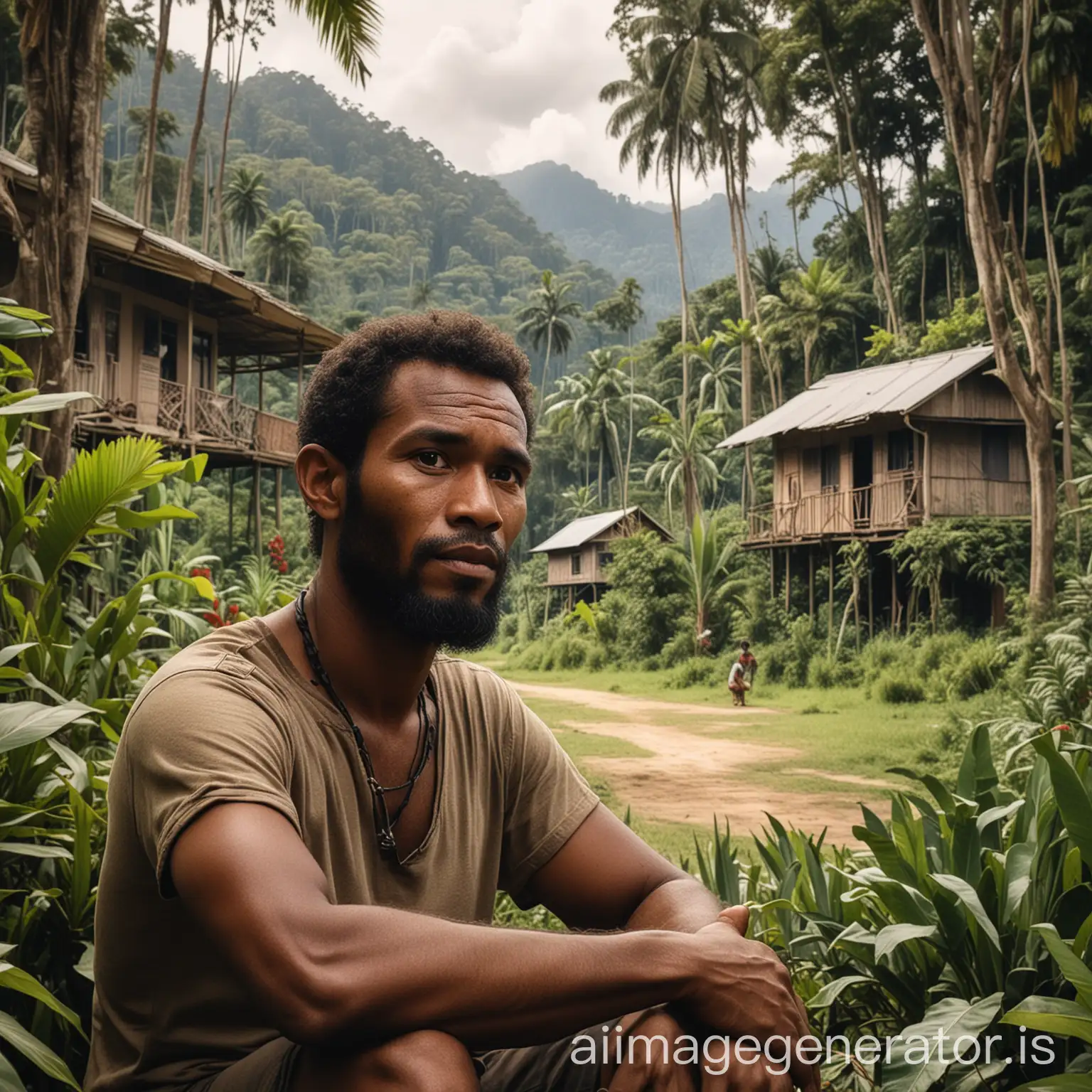 Create an illustration of Yohan, a father from a small village in Papua, sitting in front of his house with the background of the Papuan jungle.