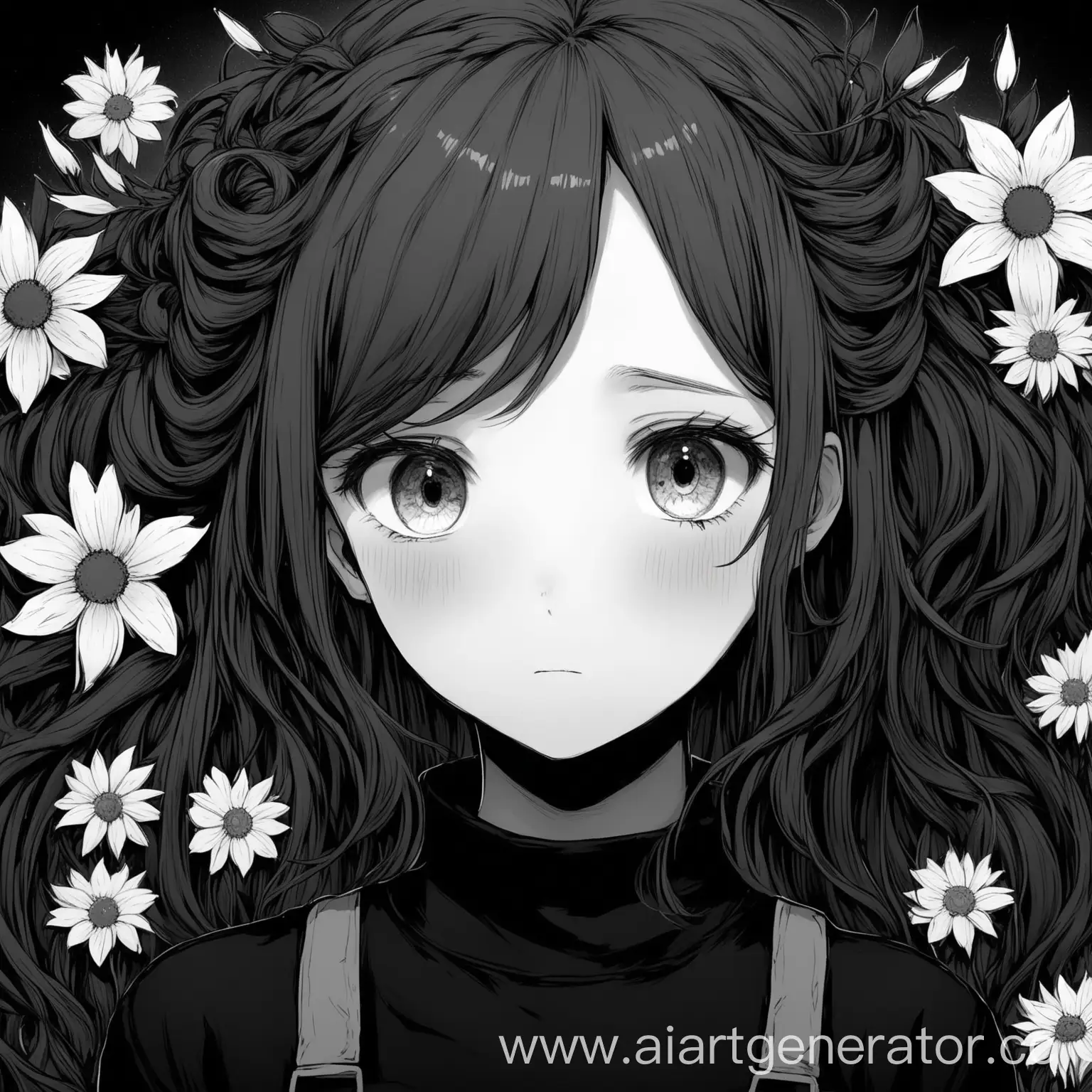 Monochrome-Portrait-of-Blushing-Girl-with-Flower-in-Hair