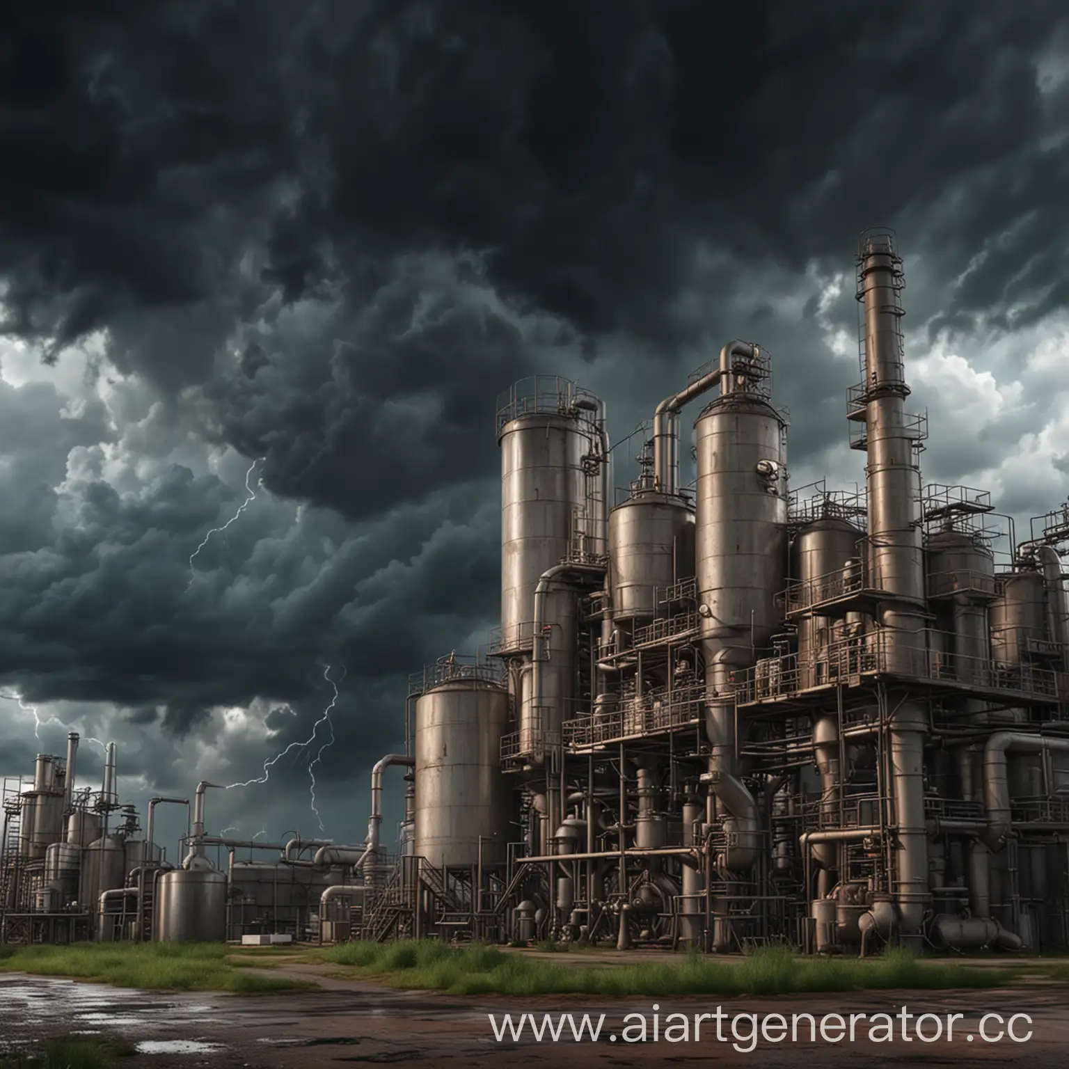 An alcohol factory against the background of dark thunderclouds, photorealism, 4k, hdr