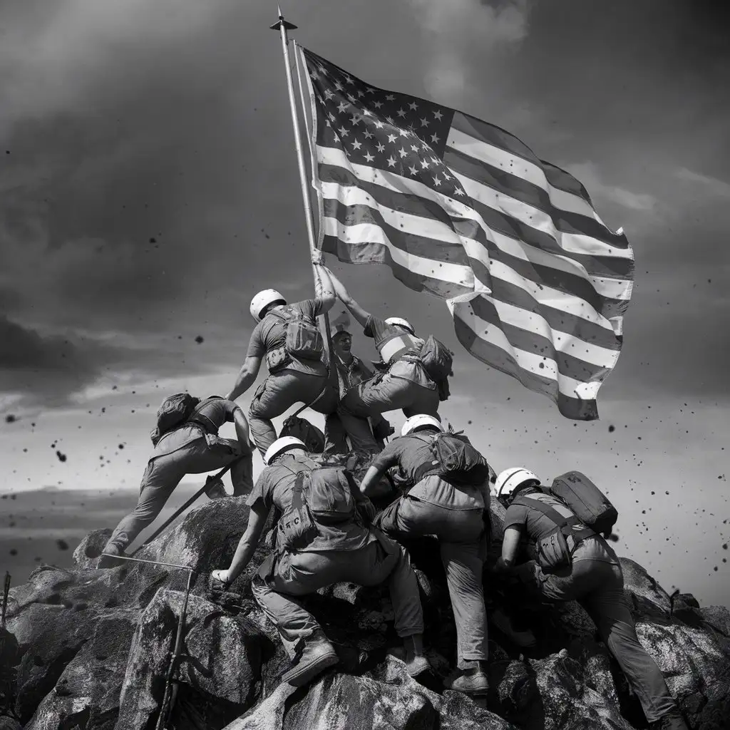 U.S. Marines raising the American flag atop Mount Suribachi during World War II. (Focus on action and patriotism)