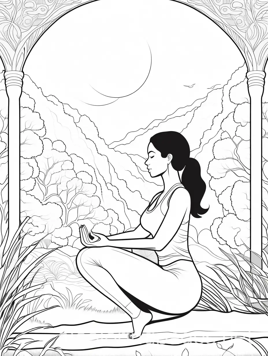 a sexy latina practicing yoga in a serene park sorrounded by nature, Coloring Page, black and white, line art, white background, Simplicity, Ample White Space