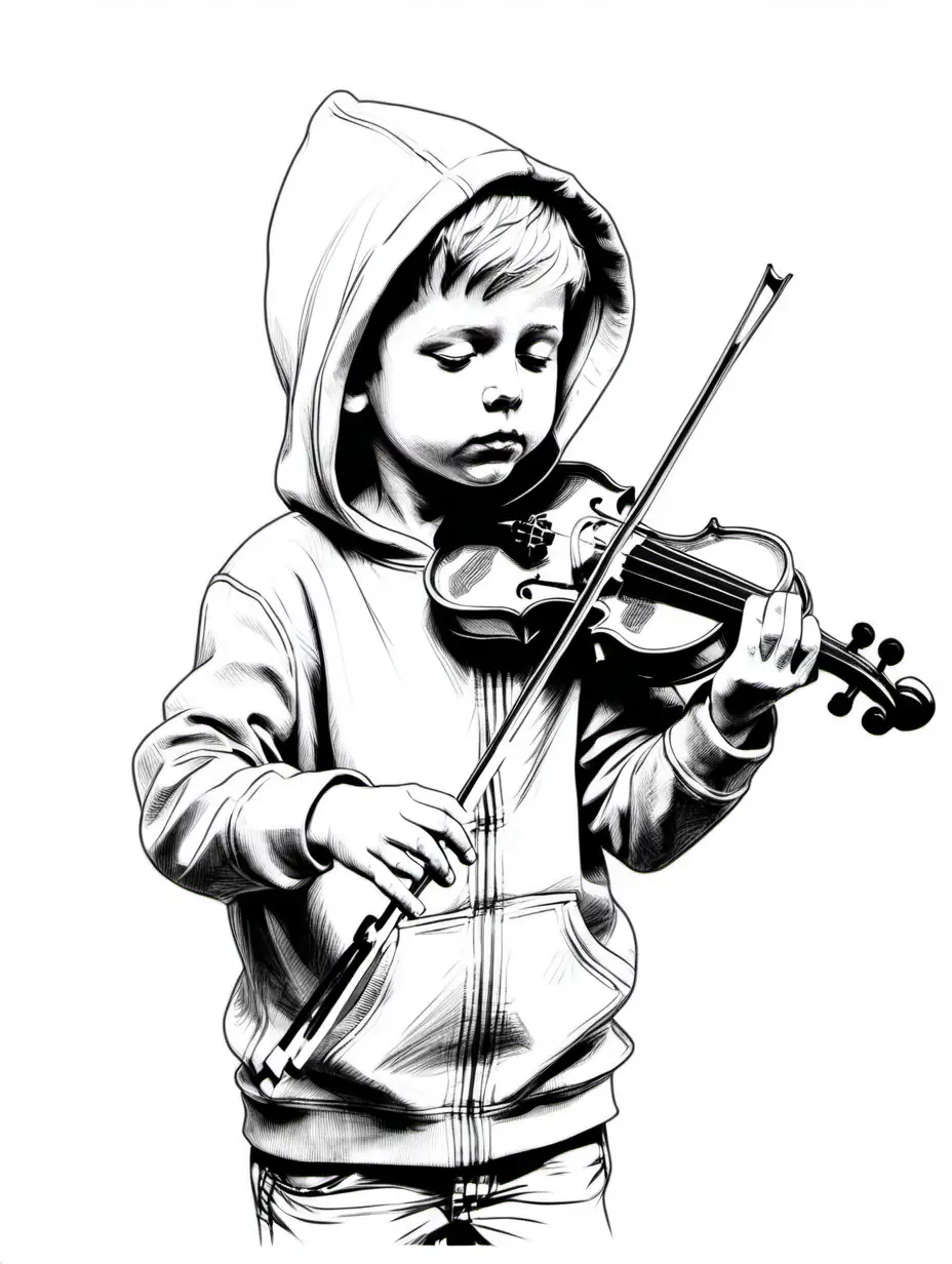Young Boy in Hoodie Playing Violin Sketch