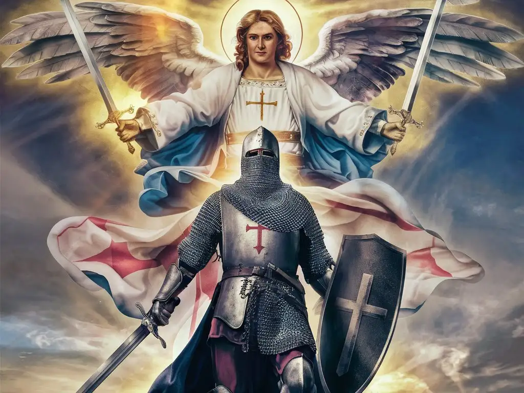 Catholic Knight Soldier with Archangel Michael in Heavenly Encounter