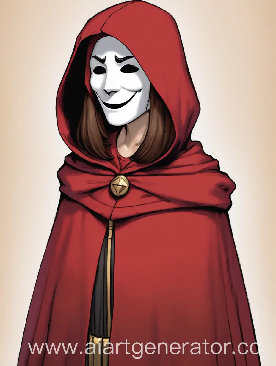 Girl-Wearing-White-Comedian-Mask-and-Crimson-Hooded-Cloak