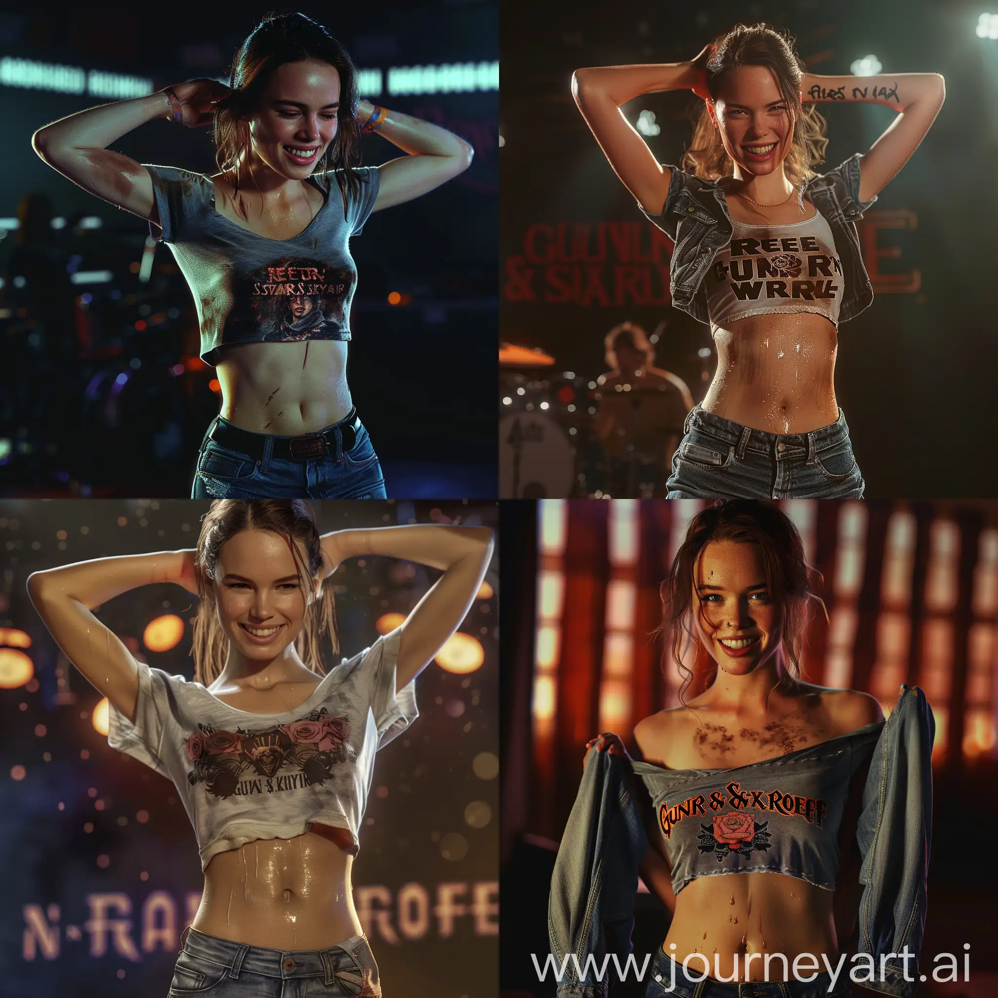 Hiper realistic image of Daisy Ridley with Rey Skywalker's face, Thin waist, jeans,  at a rock concert, with a Guns n' roses shirt, she with a mysterious look, sweaty face, stretching her chest, misterious smile, 4k resolution, cinematic image