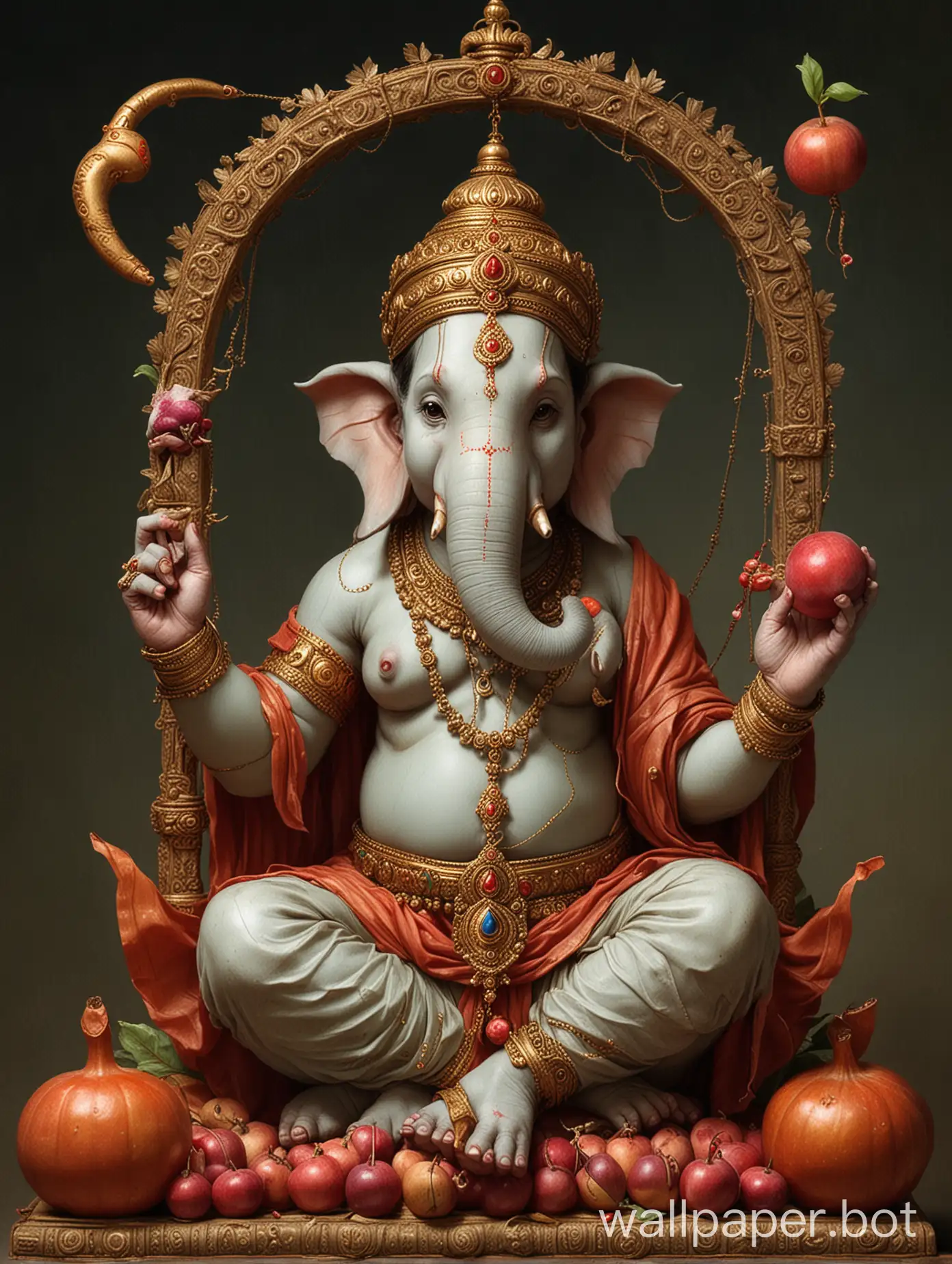 Ekakshara means a single syllable, in this Ganesha is ornated with a crescent moon and is having a third eye on his forehead. The single syllable is derived from the pronominal sound of “OM,” which is the seed letter “Gam.” He is seated atop his vehicle, the Mooshika, in the lotus position. He holds a pomegranate, an elephant goad, and a noose in one hand while bestowing boons with the others.