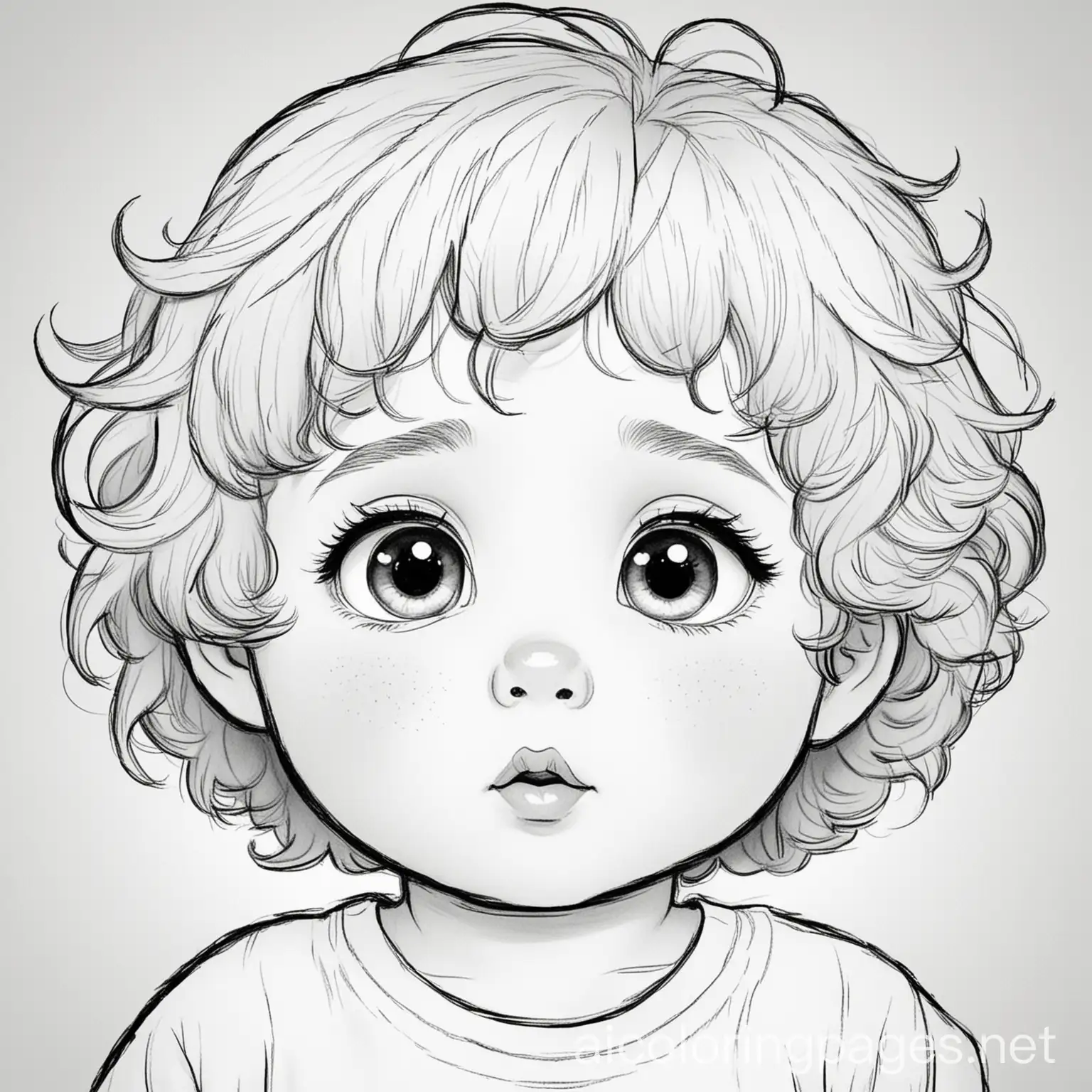 Baby boy with wavy hair and big eyes, and a chubby face, Coloring Page, black and white, line art, white background, Simplicity, Ample White Space. The background of the coloring page is plain white to make it easy for young children to color within the lines. The outlines of all the subjects are easy to distinguish, making it simple for kids to color without too much difficulty