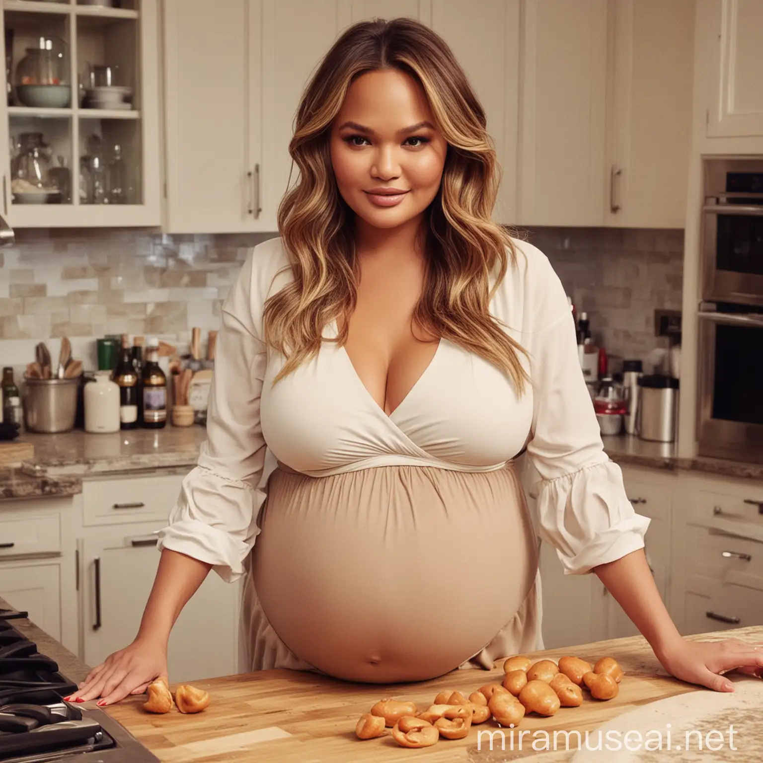 Chrissy Teigen in the kitchen. Nine months pregnant, big huge massive pregnant belly, giant breasts
