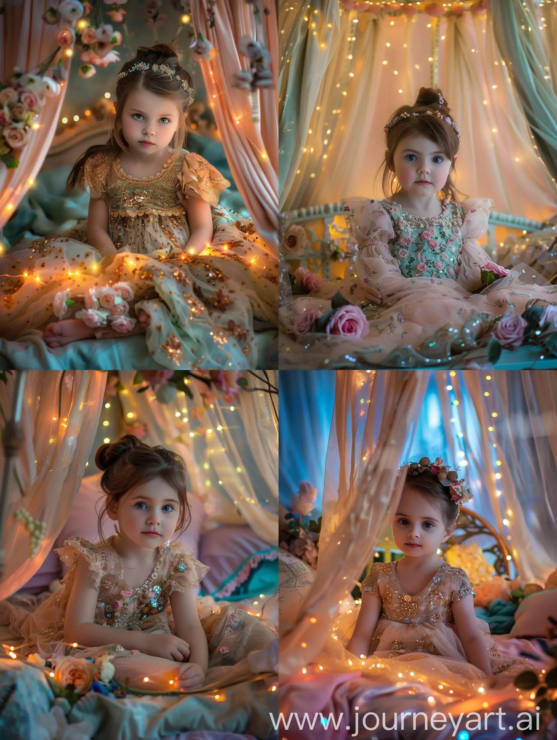 Little girl in a beautiful dress sitting on a canopy bed, canopy glows with lights, flowers on the bed, close-up, realistic photo, hyperrealism, face clearly visible, looking at the camera, colors of the bed, close-up photo, light photo
