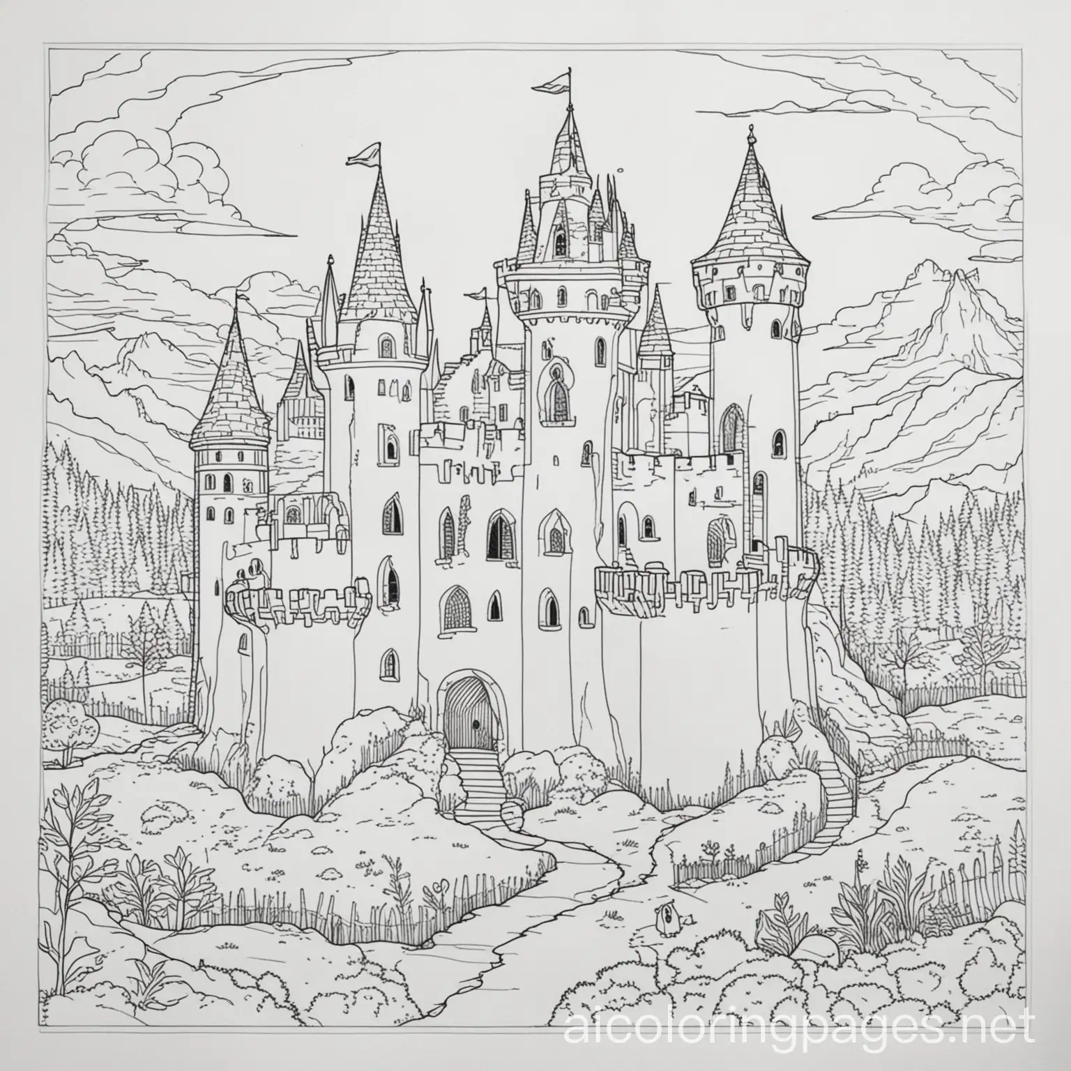 I spy castle, Coloring Page, black and white, line art, white background, Simplicity, Ample White Space. The background of the coloring page is plain white to make it easy for young children to color within the lines. The outlines of all the subjects are easy to distinguish, making it simple for kids to color without too much difficulty