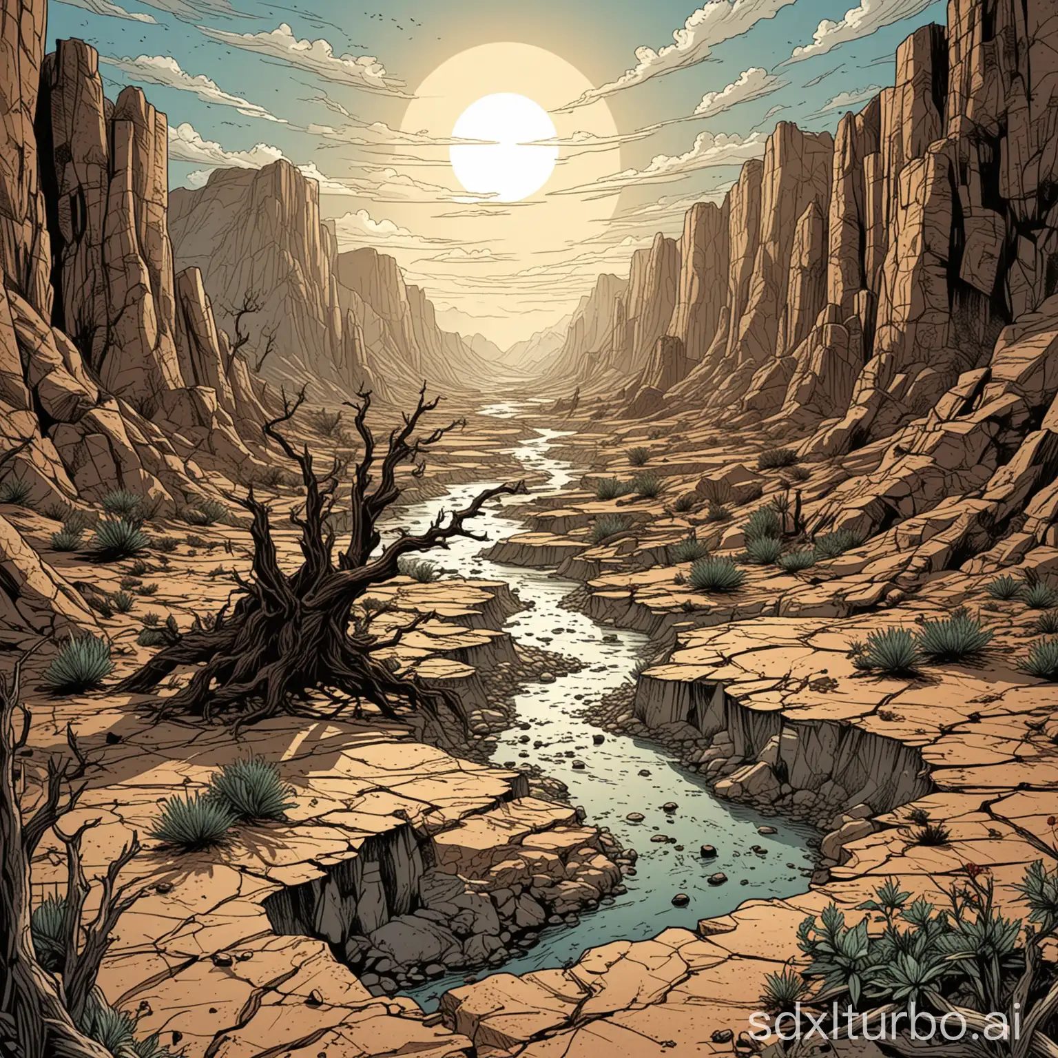 comic book style, Visual: A dry, desolate landscape with cracked earth and wilting plants. A large, menacing creature is coiled around a mountain or blocking a river. Details: The sky is clear with a harsh sun, and living beings, including humans, are shown suffering from the drought. Trees are leafless, and rivers are dry.