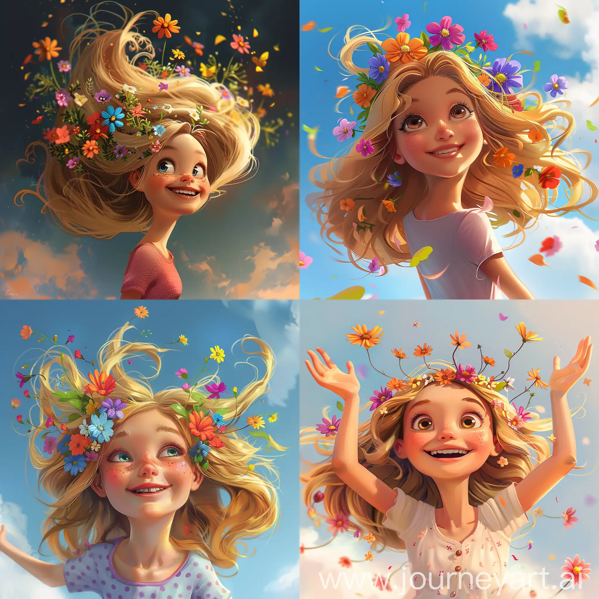Beautiful cartoon girl with beautiful blonde hair in the air, beautiful colorful flowers in her hair and in the air, beautiful and calm smile, digital painting, masterpiece, 4k,