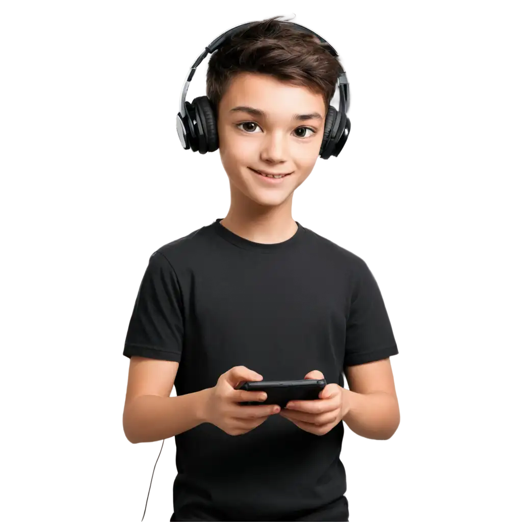 A cartoon boy playing game on horizontal mobile and wearing headphones  wearing black t shirt on tshirt their is text write on it DG Deadlox
