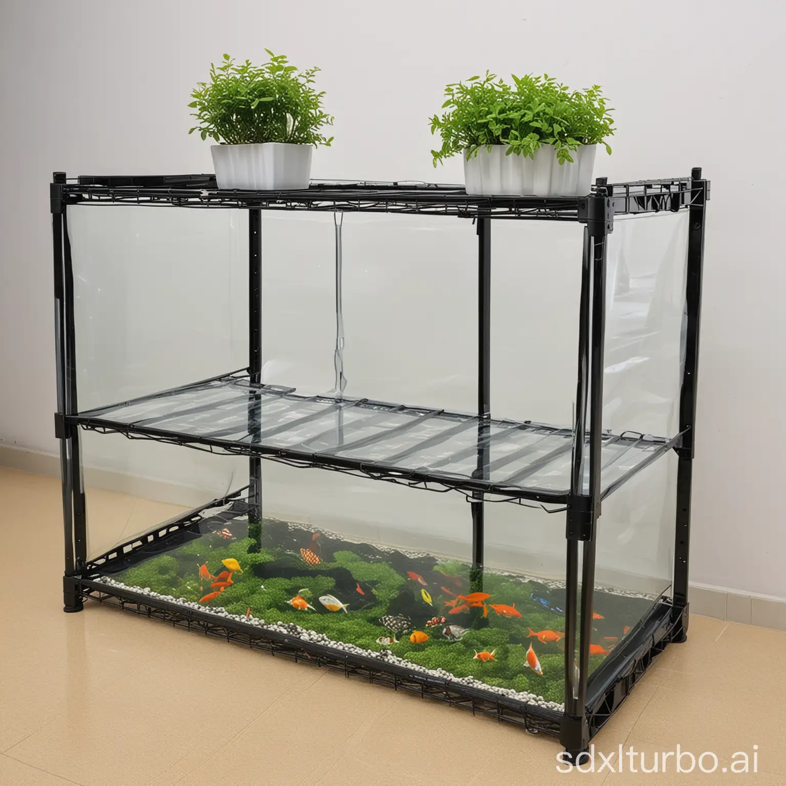 Double-layer fish tank storage rack, size 2000*2000, highlighting the stability and durability of the product, demonstrating the sturdy construction and supporting capacity of the product