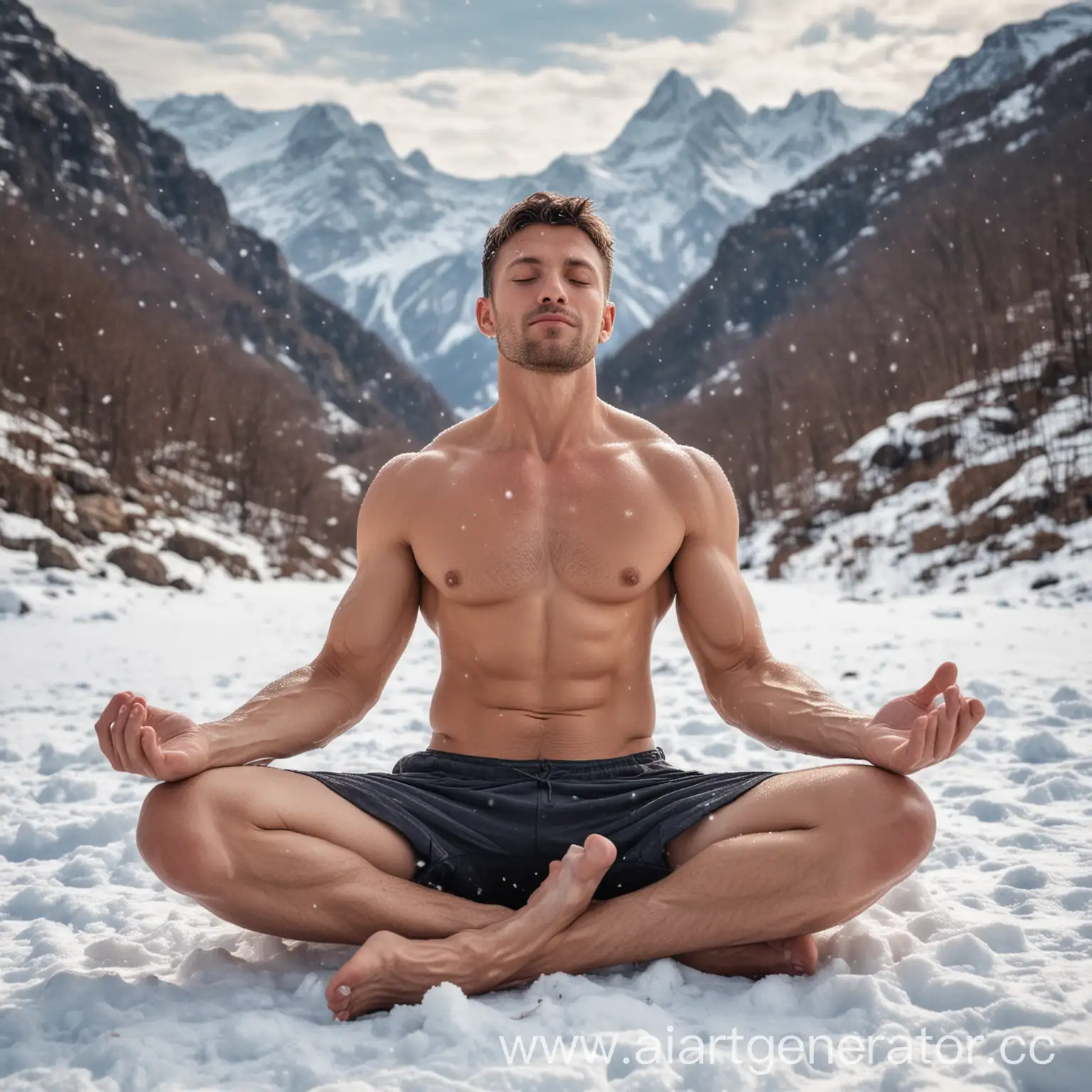 Мускулистый мужчина раздетый по торсу сидит в позе лотоса на снегу в горах с закрытыми глазами