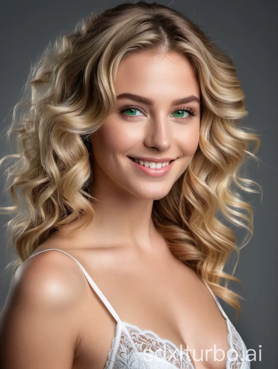 cinematic, masterpiece, best quality, ultra detailed, 22 year old woman, beautiful skin, blonde with wavy hair, shoulder length, beautiful smile, her green pupils shine like precious gems, seductive look, to the camera, portrait photo, dress summer white with sexy lingerie, highly detailed, masterpiece, intricate details, uhd, 8k, 16k, gray background.