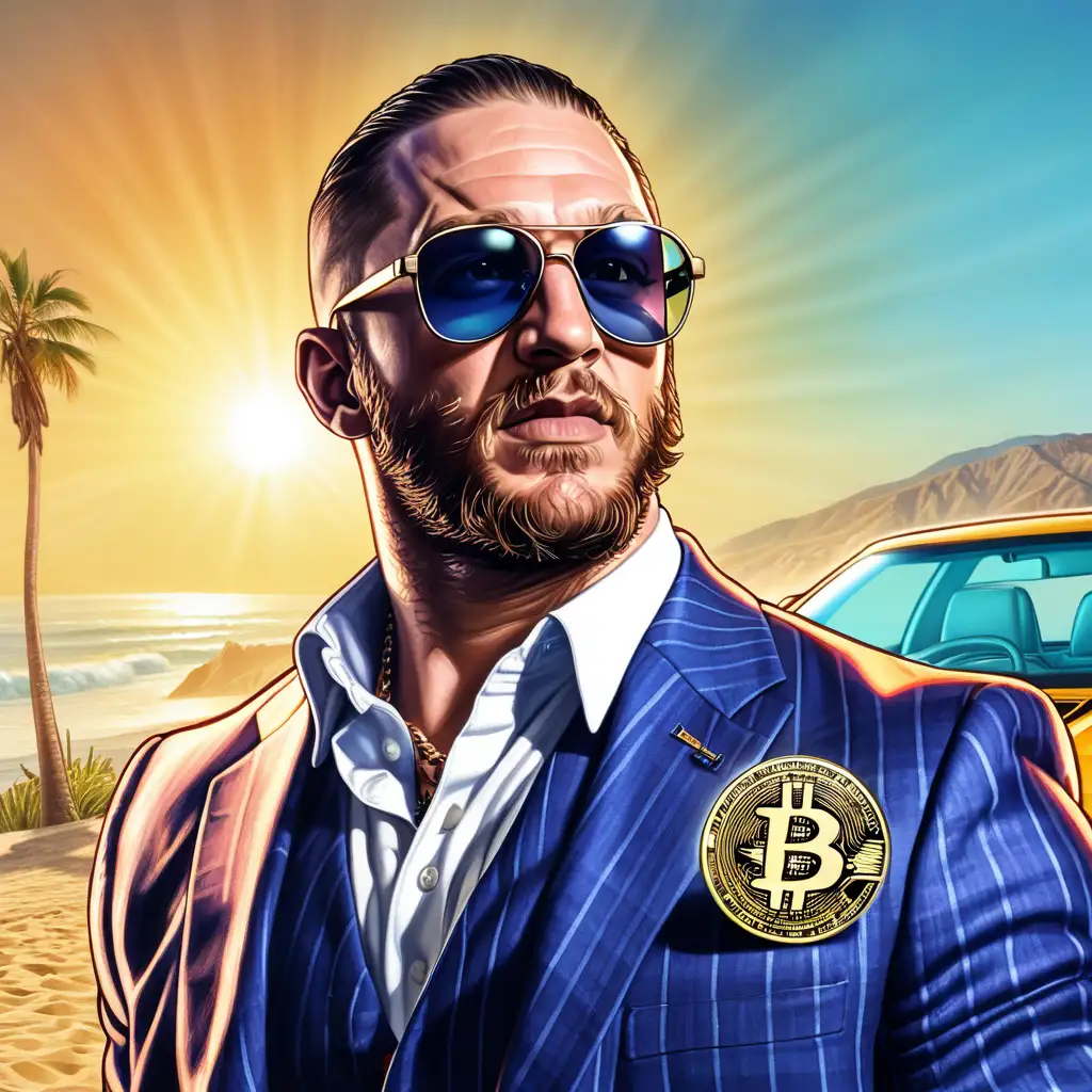 Tom Hardy, is holding a Bitcoin gem, blue light aura, wearing sun glasses, GTA 5 style artwork.