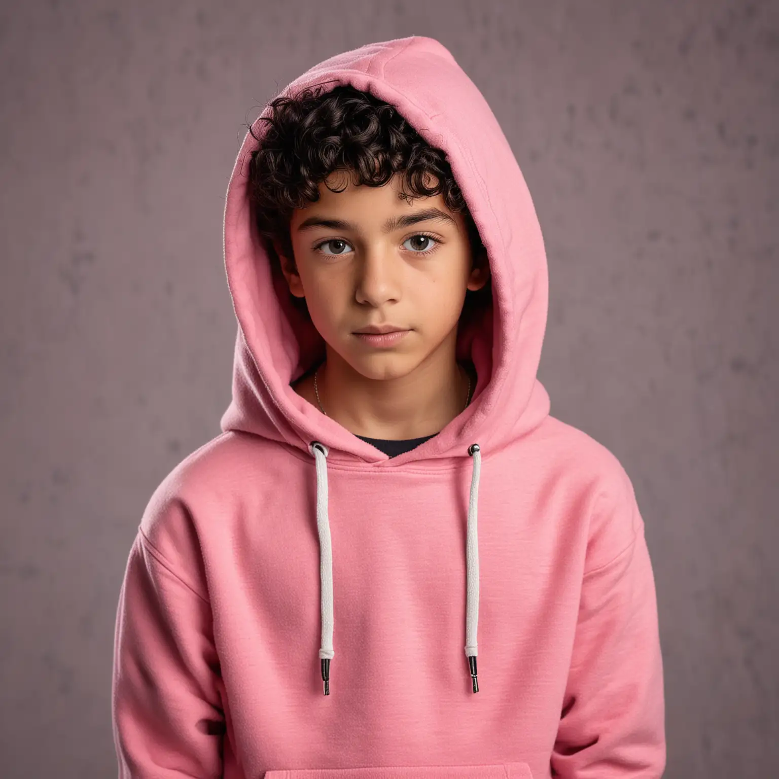 Portrait of a Modern Moroccan Boy in Pink Hoodie with Curly Hair