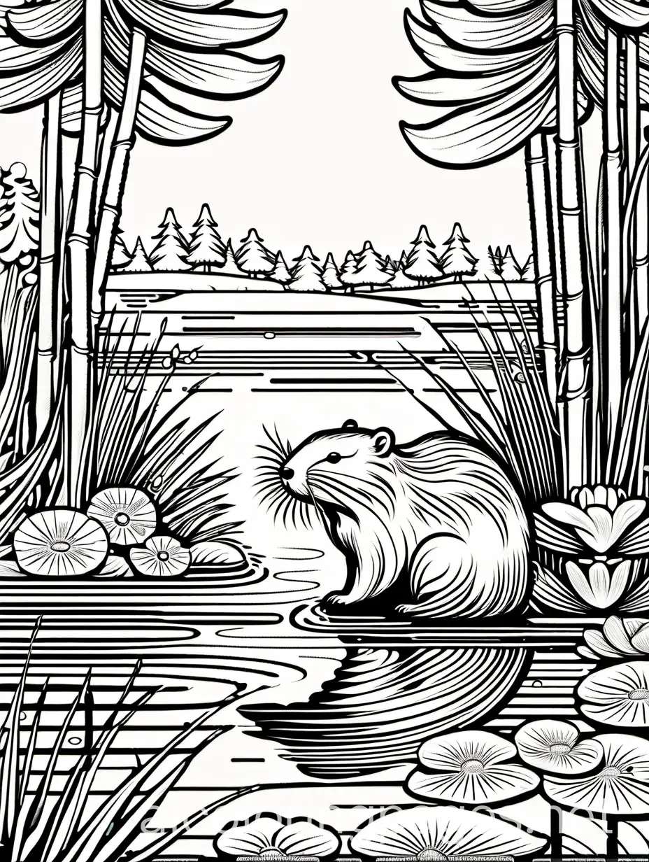 a beaver at a pond with waterlilies, trees in the background, by Arthur Rackham, highly detailed, elegant, intricate, very attractive, beautiful, high definition, crisp quality, Coloring Page, black and white, line art, white background, Simplicity, Ample White Space. The background of the coloring page is plain white to make it easy for young children to color within the lines. The outlines of all the subjects are easy to distinguish, making it simple for kids to color without too much difficulty