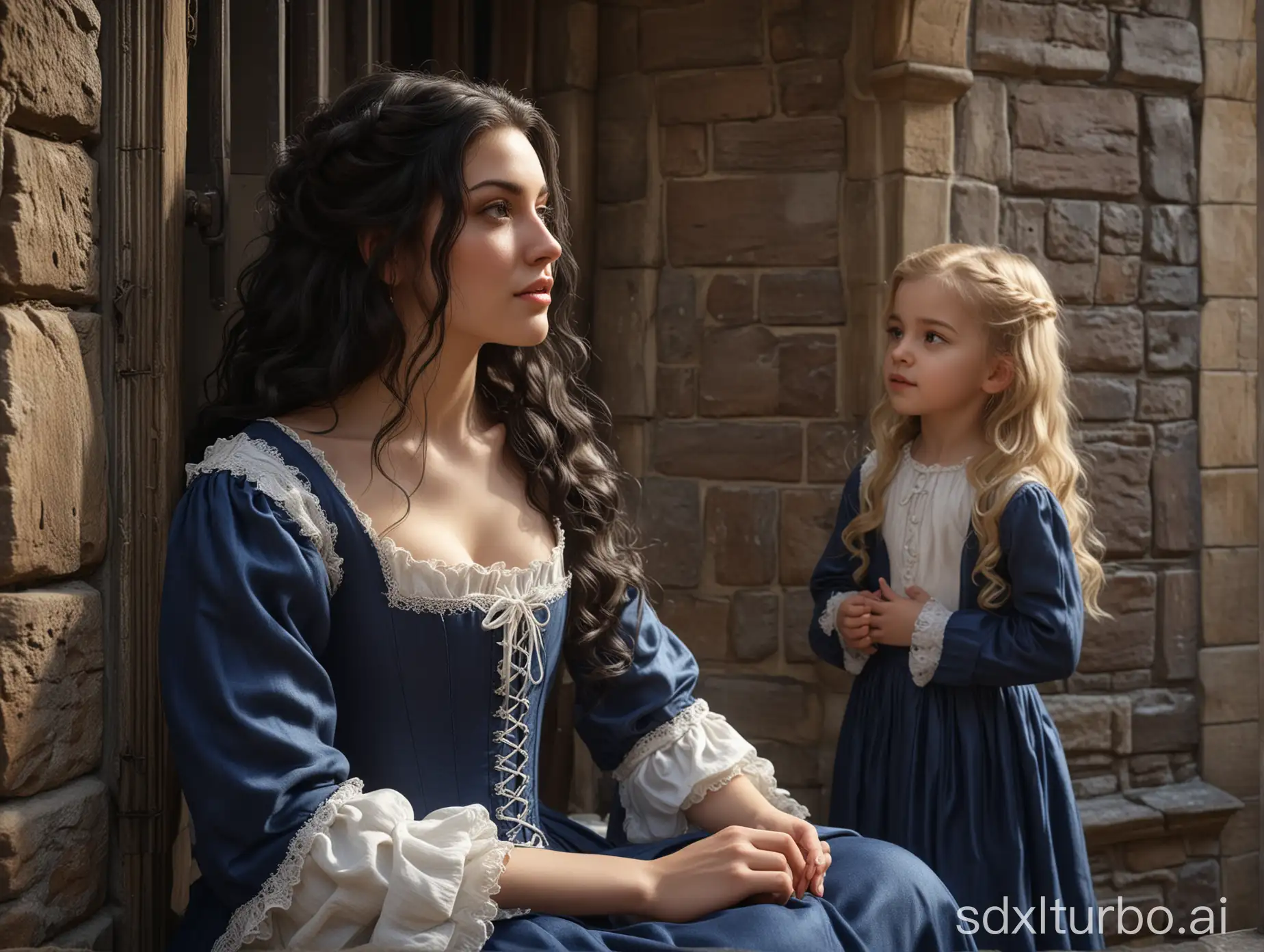 A beautiful girl in her twenties, with long black hair, slightly curly at the ends, wearing a medieval dark blue dress with lacing at the neckline, squats and talks at the barred window of the castle with a little boy of about five with blond wavy hair, big gray eyes, wearing a white shirt with a jabot and blue pants. perfect composition, beautiful detailed intricate insanely detailed octane render trending on artstation, 8 k, photorealistic concept art, soft natural volumetric cinematic perfect light, chiaroscuro,  masterpiece, greg rutkowski