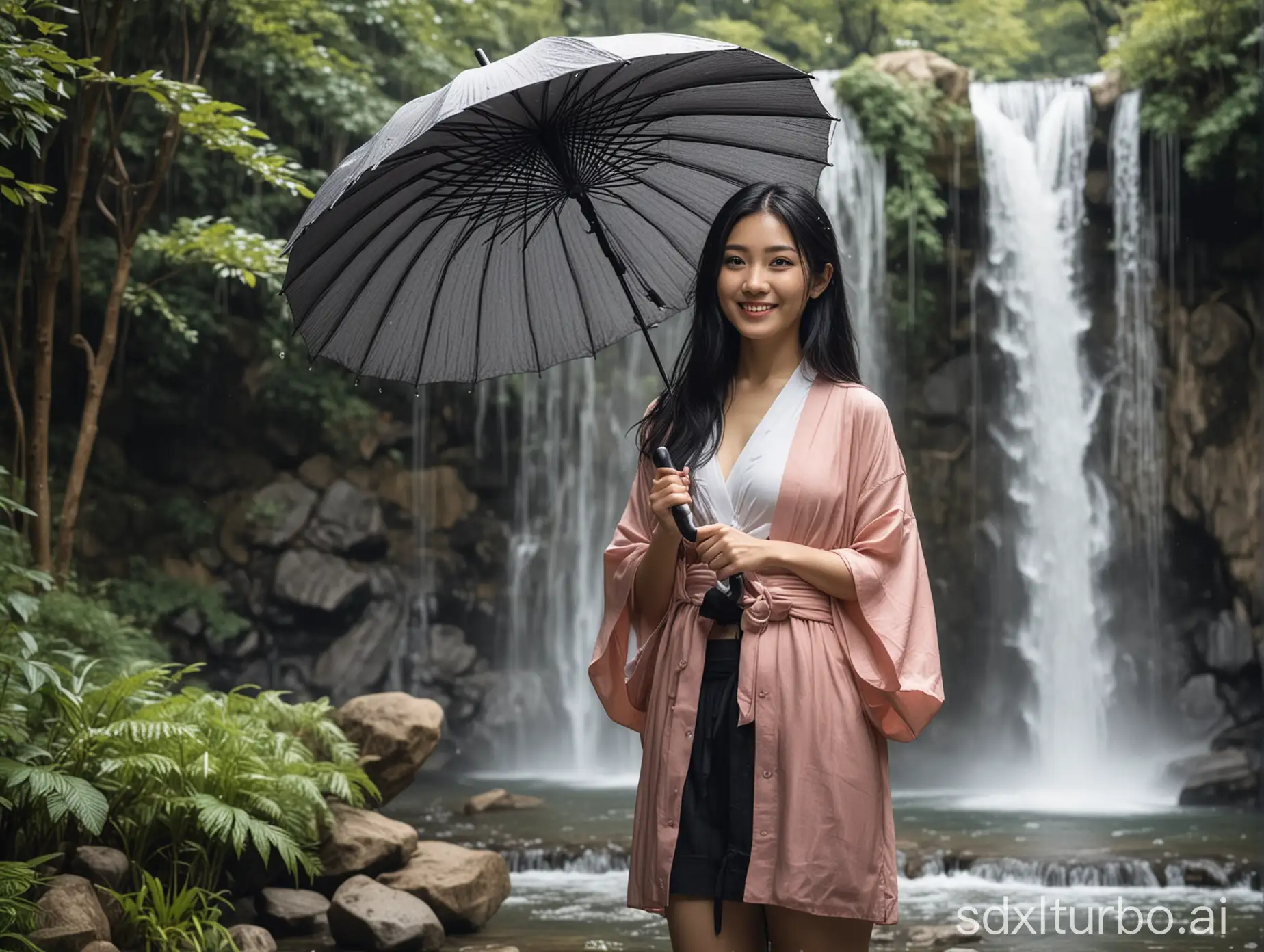 beautiful intellectual typical Japanese 33-year-old girl stands in front of a waterfall with an umbrella, smiling, Instagram model, long black hair, warm, black eyes, height 6.5 feet, female, masterpiece, 4k, correct fingers or hands