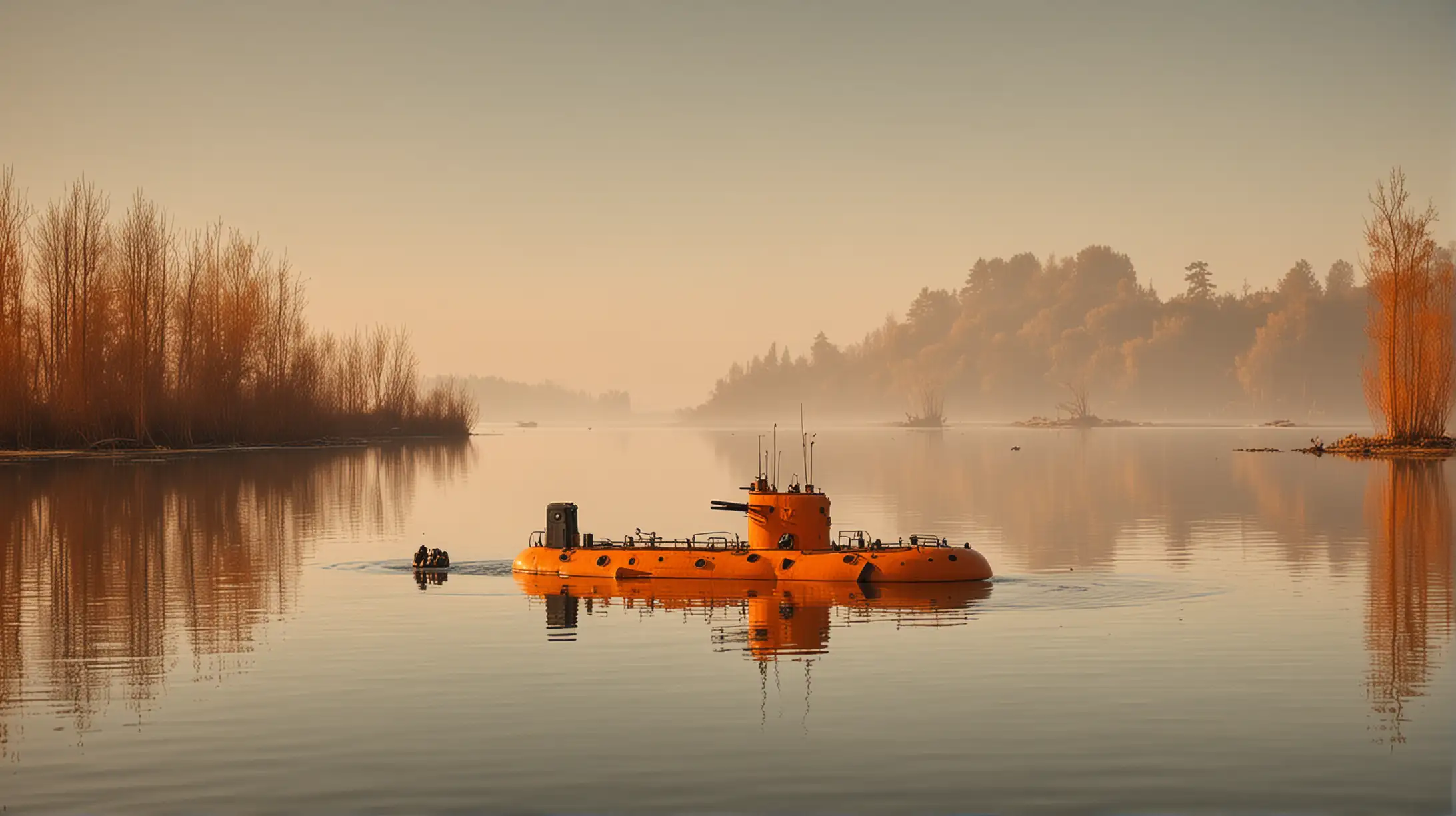 a strange lake with three island, a small submarine in a little bay, orange atmosphere, sunny